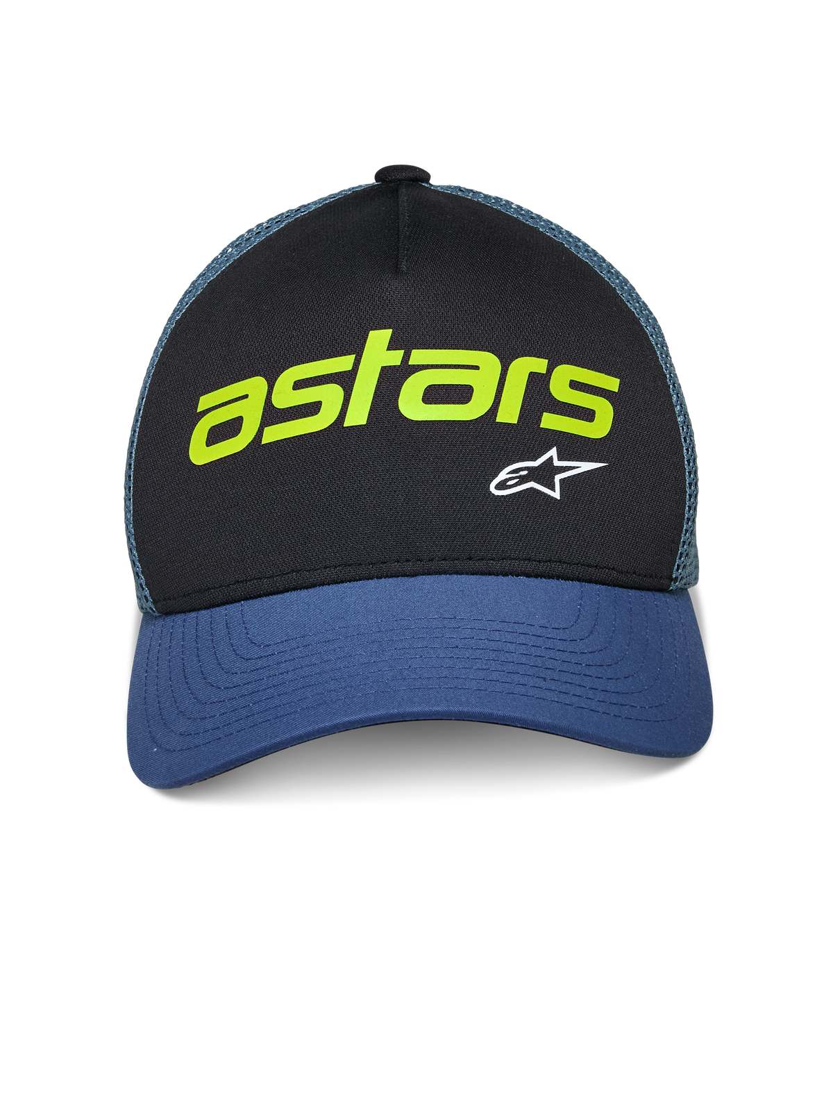Alpinestars Vital Trucker Hat, afslappet trucker-kasket, sort og blå med grønt mesh-net bagpå, med limegrøn 'astars'-tekst og hvidt A-star-logo, buet skygge og struktureret krone