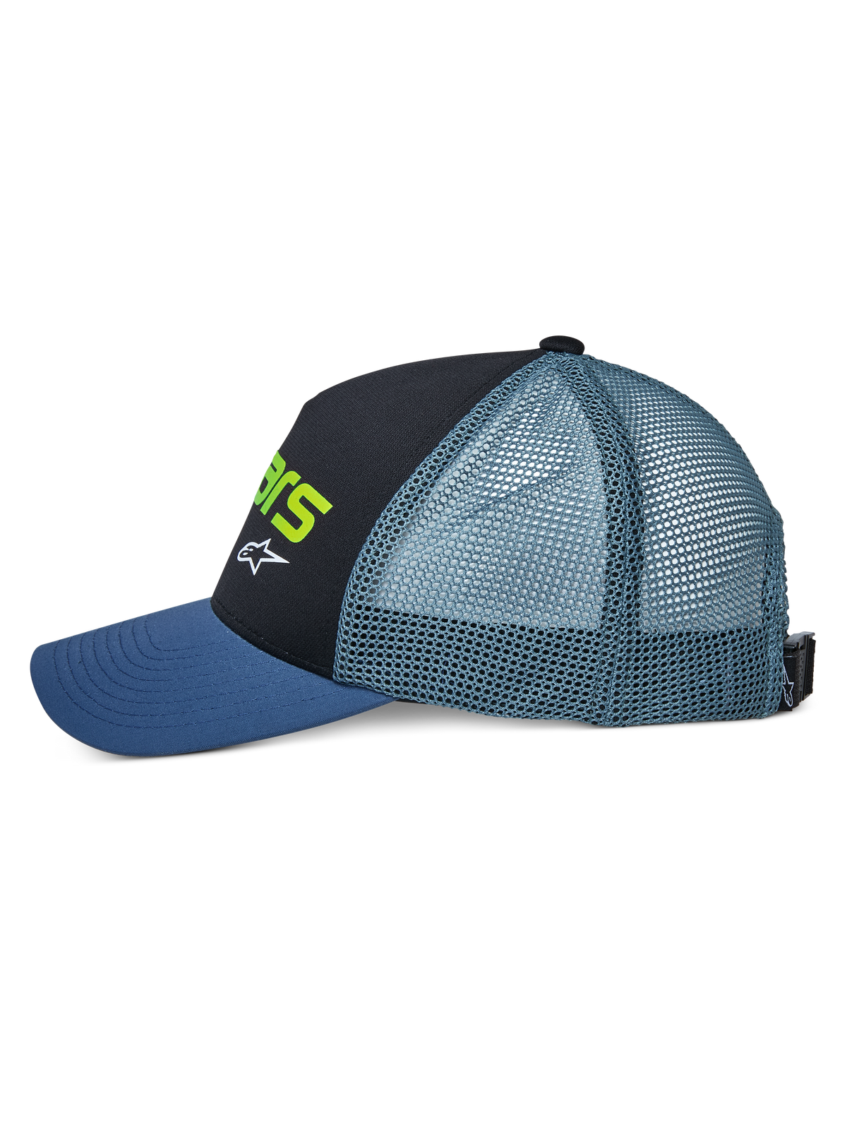 Alpinestars Vital Trucker Hat, set fra siden, med blå buet skygge, sort struktureret frontpanel med limegrøn tekst og hvidt logo, blågrønt mesh-panel bagpå og justerbar spændelukning, casual motorsport-hovedbeklædning