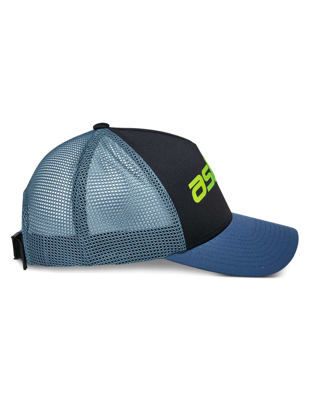 Alpinestars Vital Trucker Hat, set fra siden, sort frontpanel med blå buet skygge og lyseblåt mesh-bagstykke, limegrøn logodetalje, struktureret krone, afslappet motorsport-inspireret hovedbeklædning