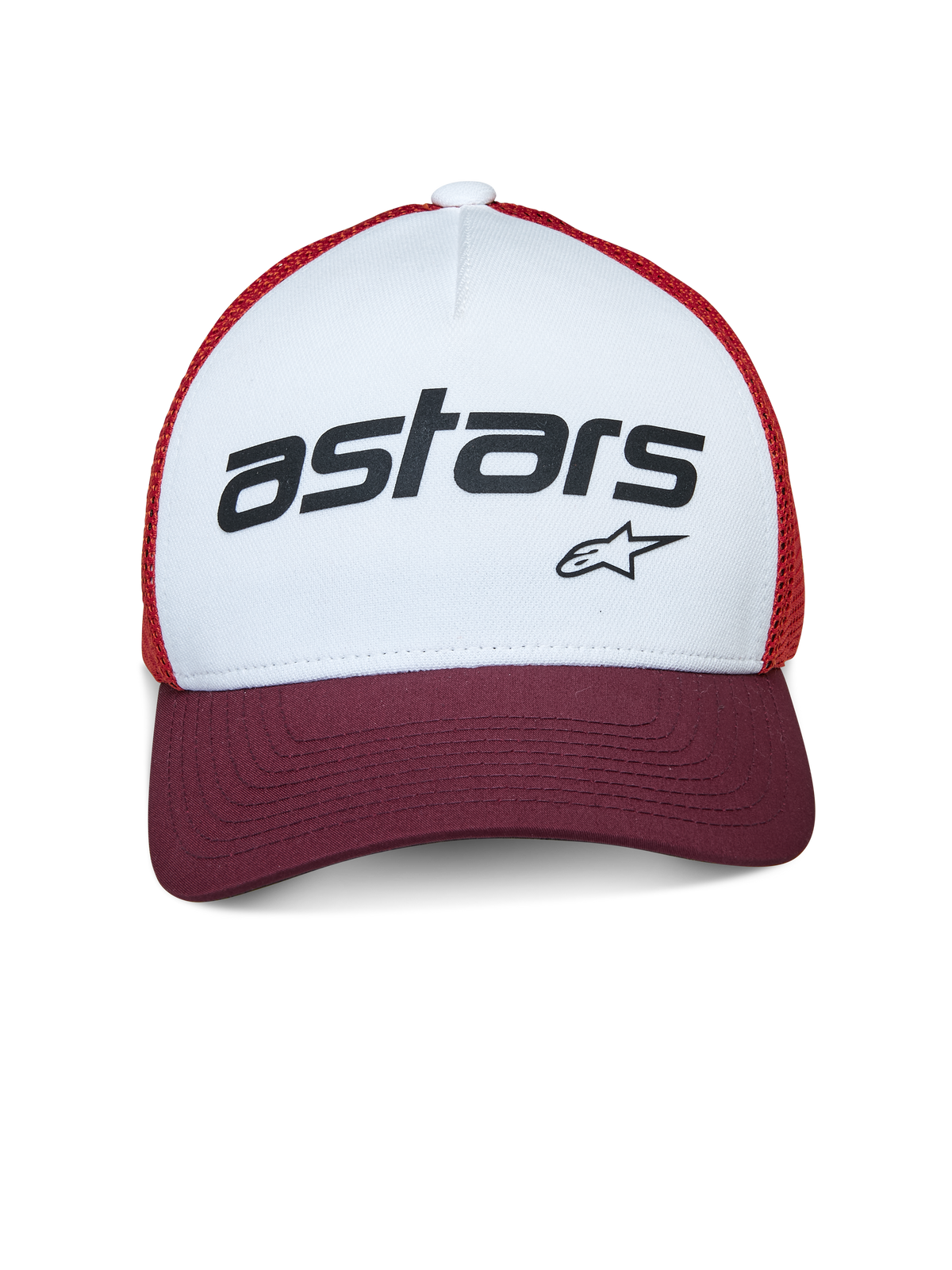 Alpinestars Vital Trucker Hat, trucker kasket, hvid, bordeaux og orange, med hvidt frontpanel med sort 'astars' branding, bordeaux buet skygge og orange mesh, afslappet motorsport-inspireret hovedbeklædning