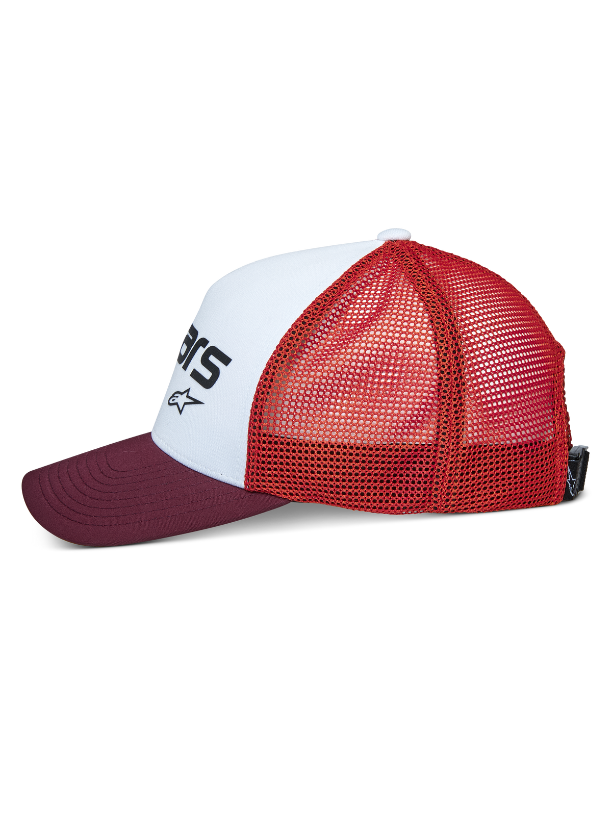 Alpinestars Vital Trucker Hat, sidevisning, hvidt struktureret frontpanel med sort logo, bordeauxrød buet skygge, orange mesh-bagside, afslappet sportswear-hovedbeklædning