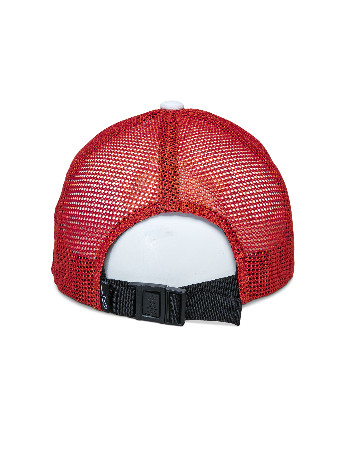 Alpinestars Vital Trucker Hat, set bagfra, hvid bordeaux orange, med røde mesh-paneler og en sort justerbar spændelukning bagpå, casual sportswear-hovedbeklædning