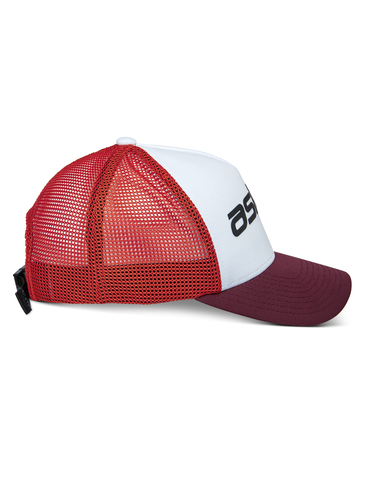 Alpinestars Vital Trucker Hat, casual trucker-kasket, hvid, bordeaux og orange, set fra siden med buet skygge og mesh-bagside, justerbar spændelukning, struktureret krone med sort logo