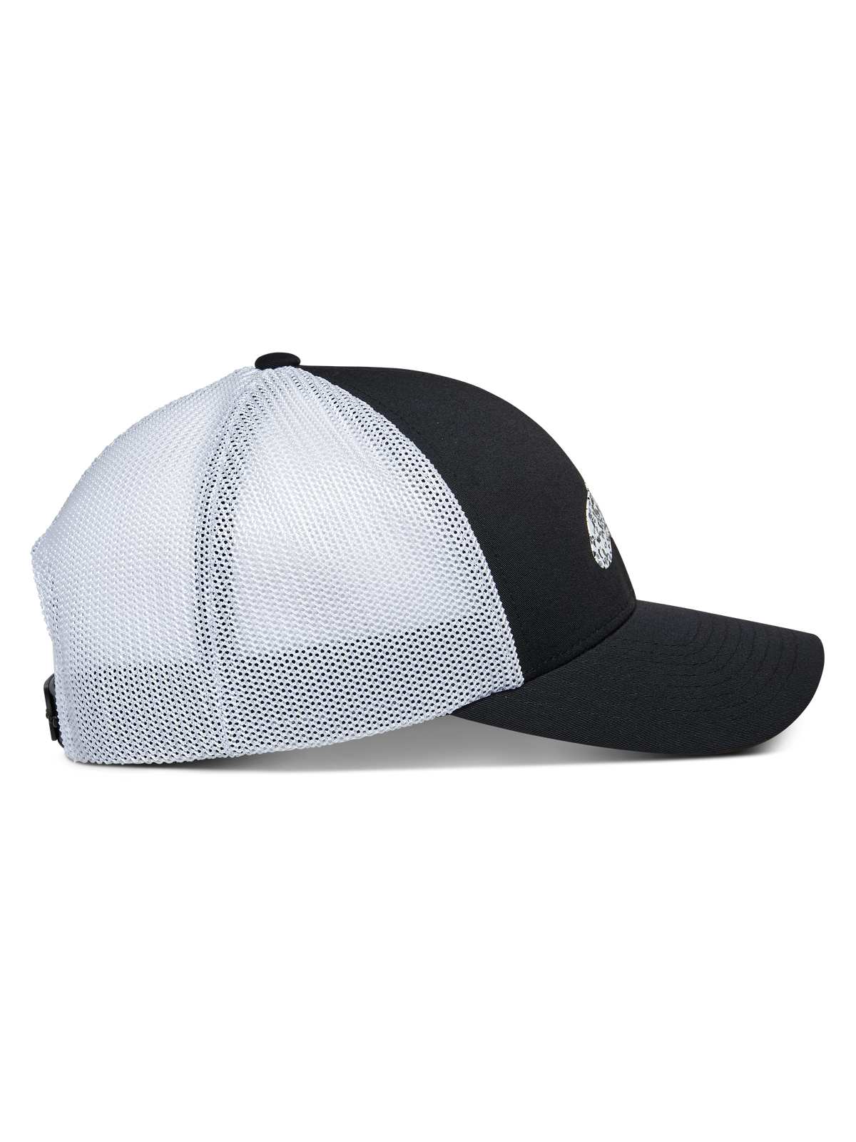 Alpinestars Terolithic Trucker Hat, side view, black front panel with curved bill, white mesh back panels, structured low crown, classic trucker style headwear