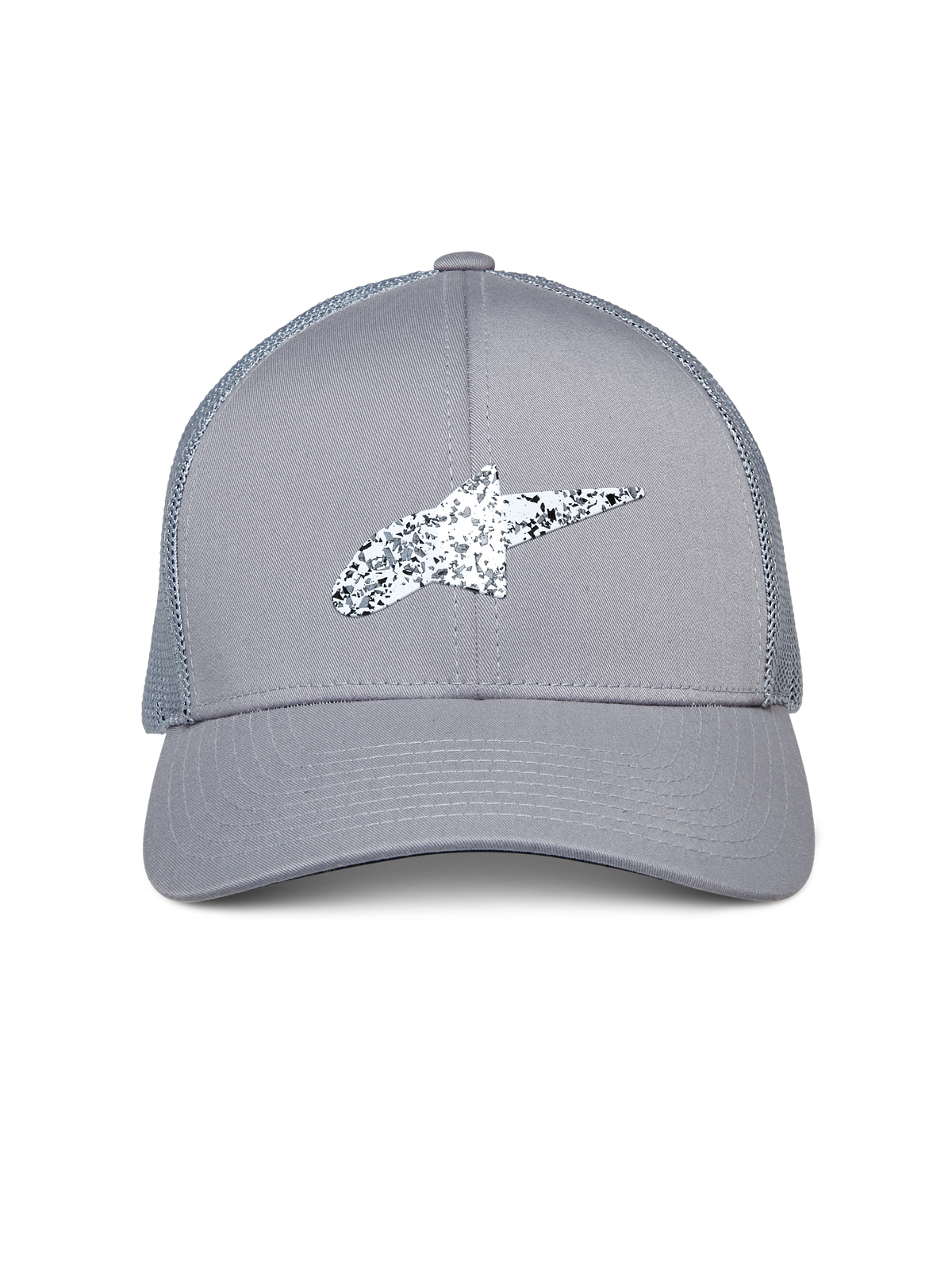 Alpinestars Terolithic Trucker Hat, grå, med et spættet sort og hvidt Astar-logo, buet skygge og mesh-bagside, afslappet motorsport-inspireret hovedbeklædning