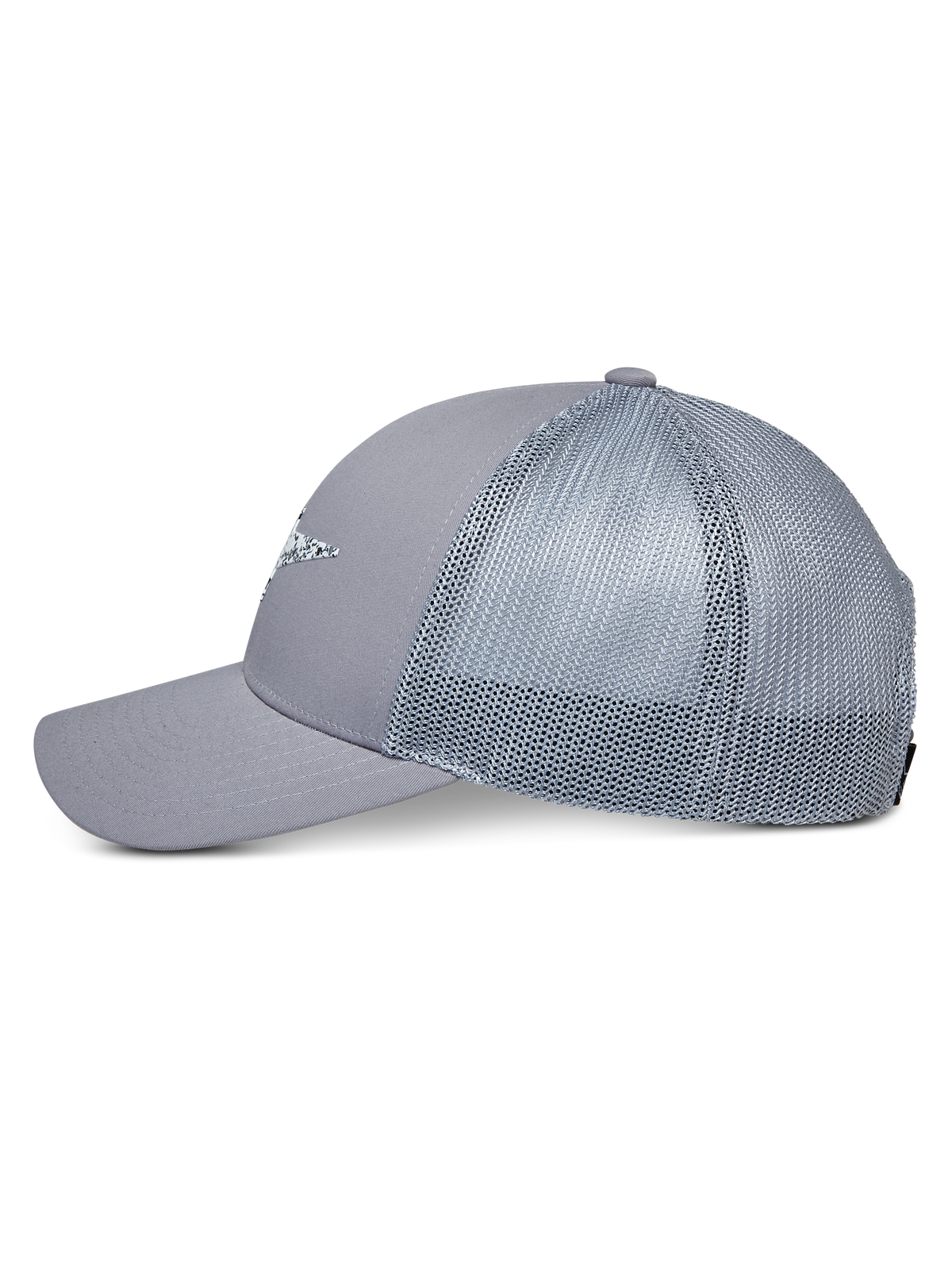 Alpinestars Terolithic Trucker kasket, grå, trucker-kasket med mesh-bagside og buet skygge, set fra siden, struktureret lav krone med logodetalje på forsiden, afslappet motorsportsinspireret hovedbeklædning