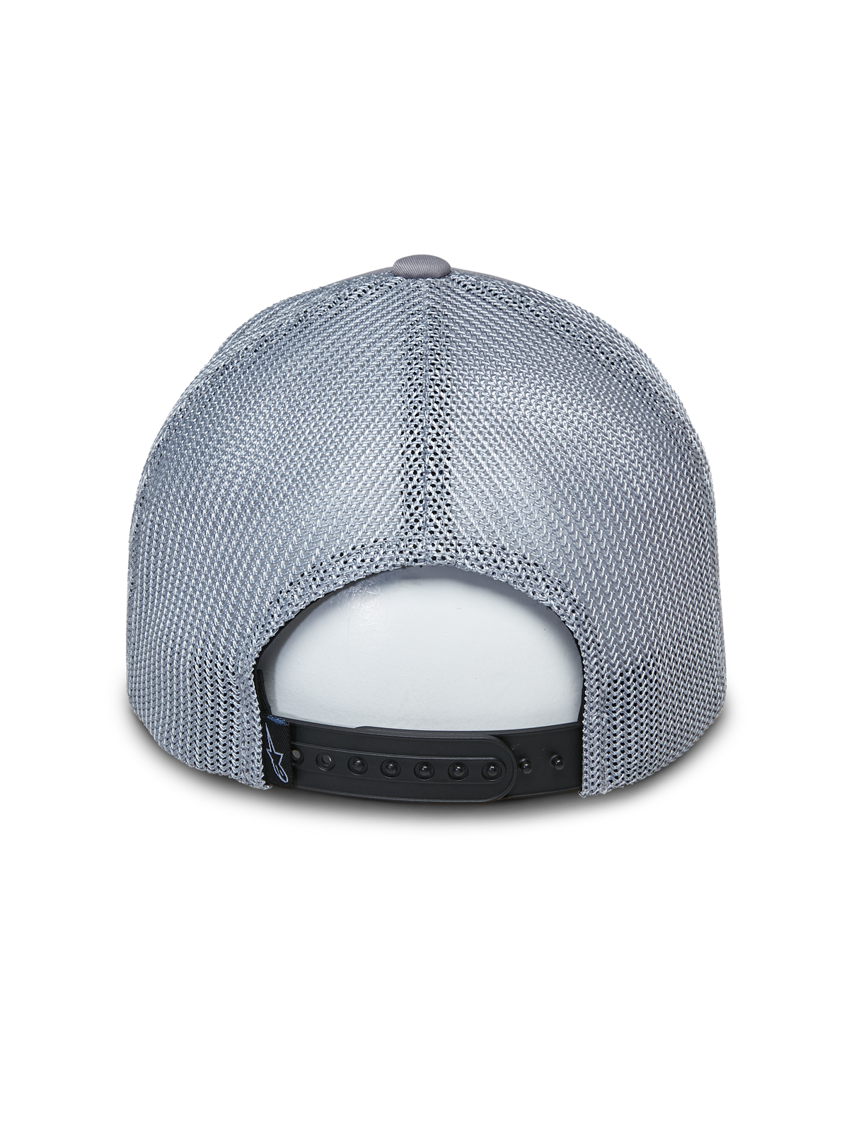 Alpinestars Terolithic Trucker Hat, grå trucker-kasket, set bagfra med grå mesh-paneler og sort snapback-lukning, casual motorsport-inspireret hovedbeklædning