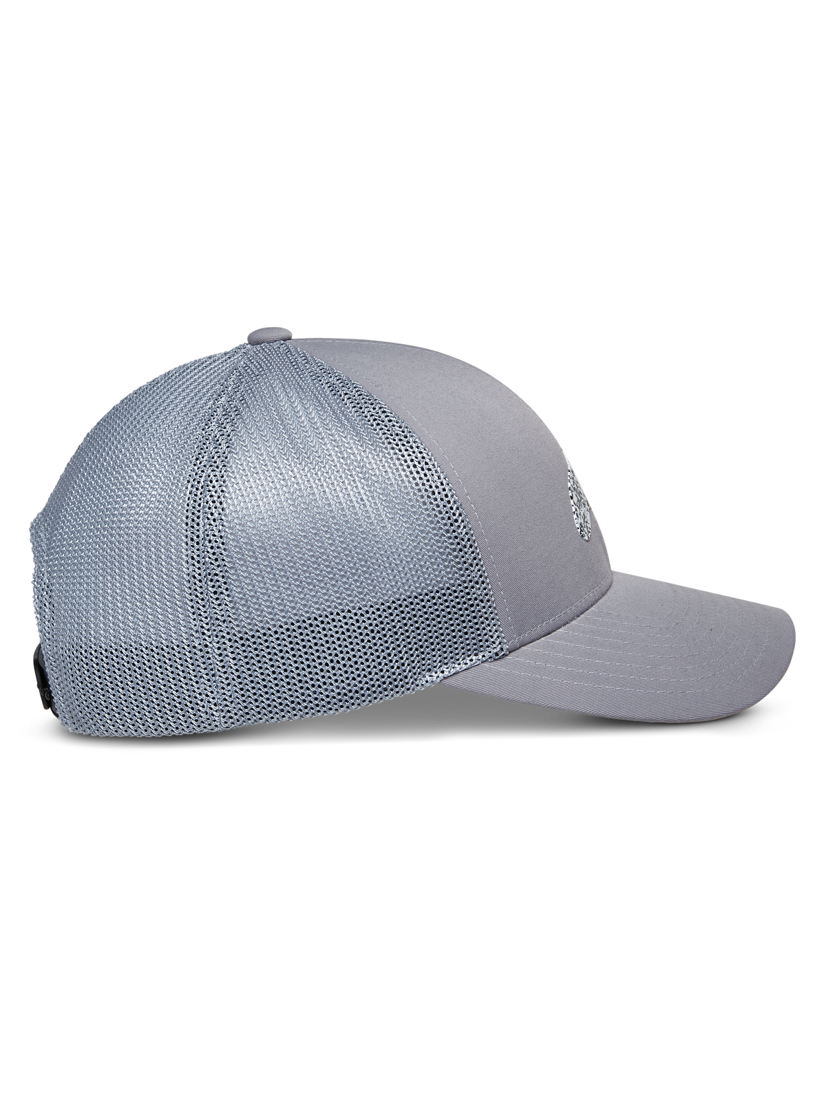 Alpinestars Terolithic Trucker Hat, grå, sideprofil med buet skygge og mesh-paneler bagpå, struktureret lav krone, afslappet sportstøj