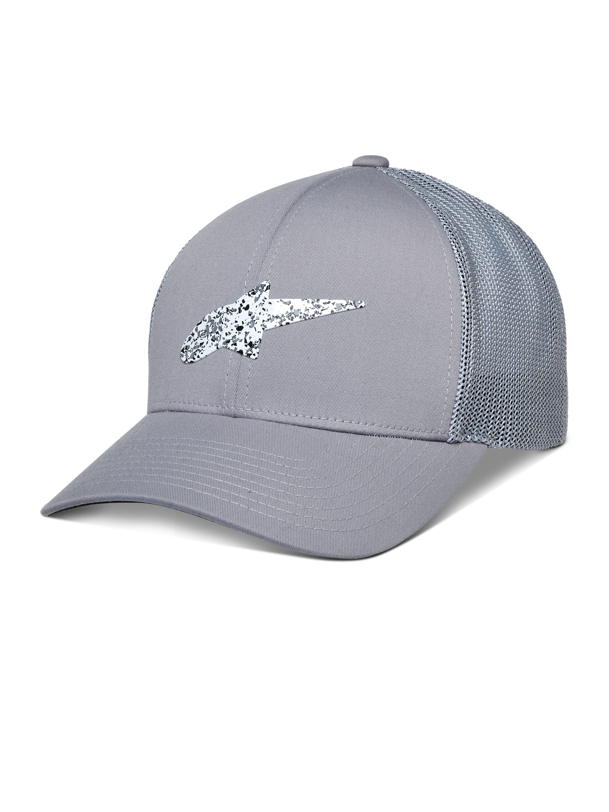 Alpinestars Terolithic Trucker Hat, grå trucker-kasket, buet skygge med mesh-bagside, hvidt og sort nistret TPU-logo, casual sportstøj