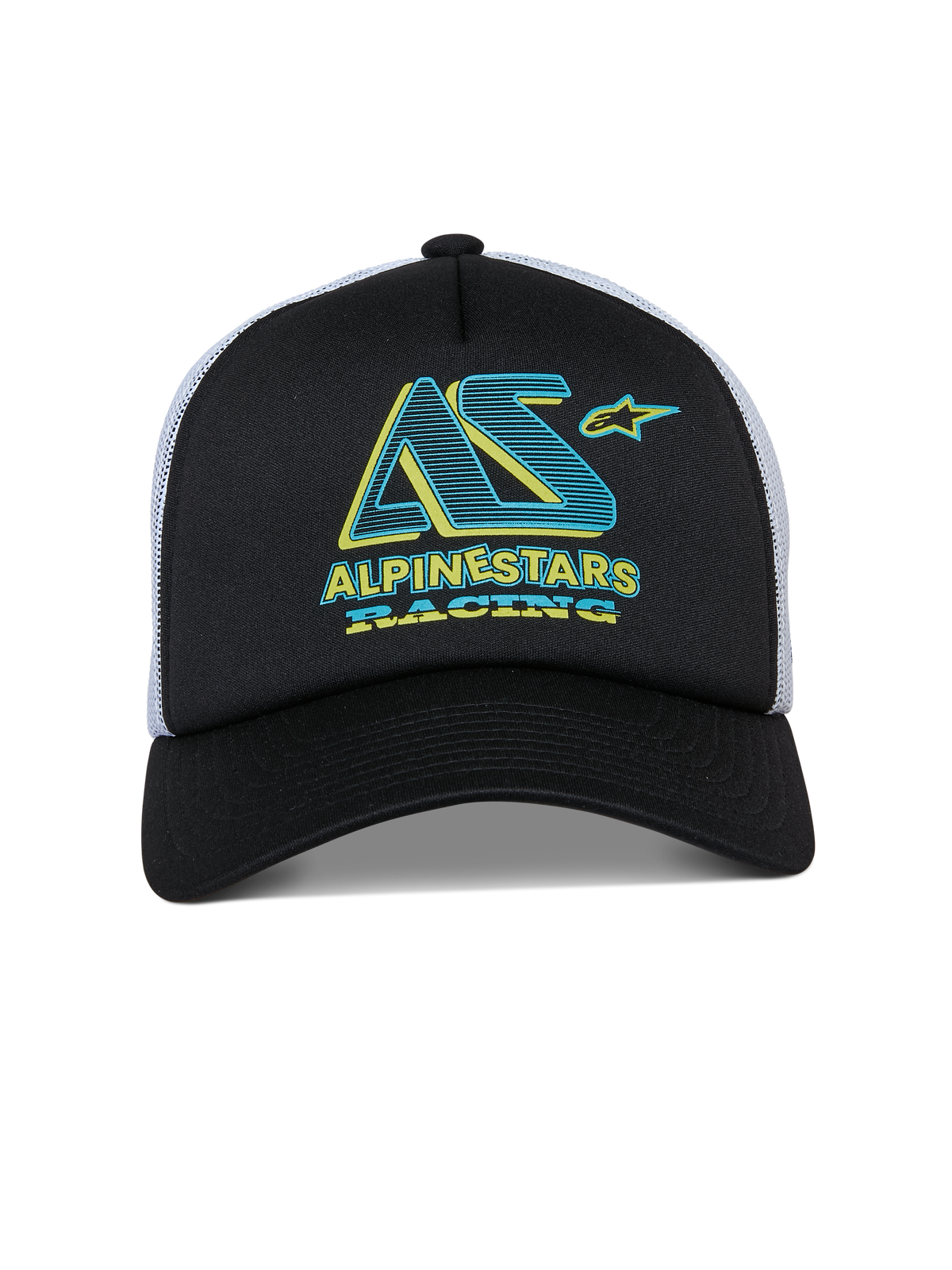 Alpinestars Ayess Trucker Hat, Snapback Cap, Black and White, Teal and Yellow Alpinestars Racing Graphic on Foam Crown, Curved Bill and White Mesh Back, Casual Motorsport-Inspired Design