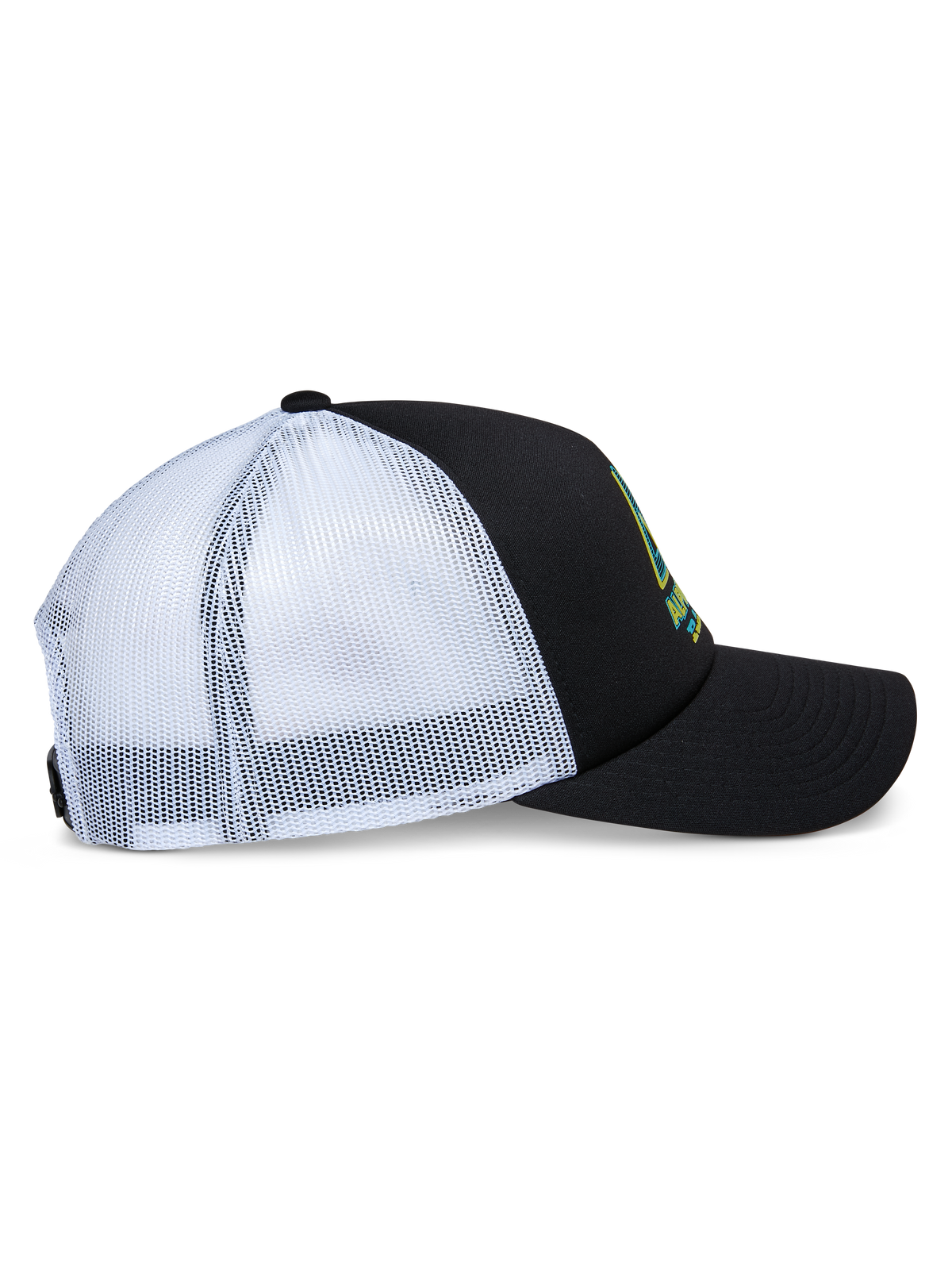Alpinestars Ayess Trucker Hat, side profile view, black foam crown and curved bill with white mesh back panels, front logo print, casual motorsport-inspired snapback