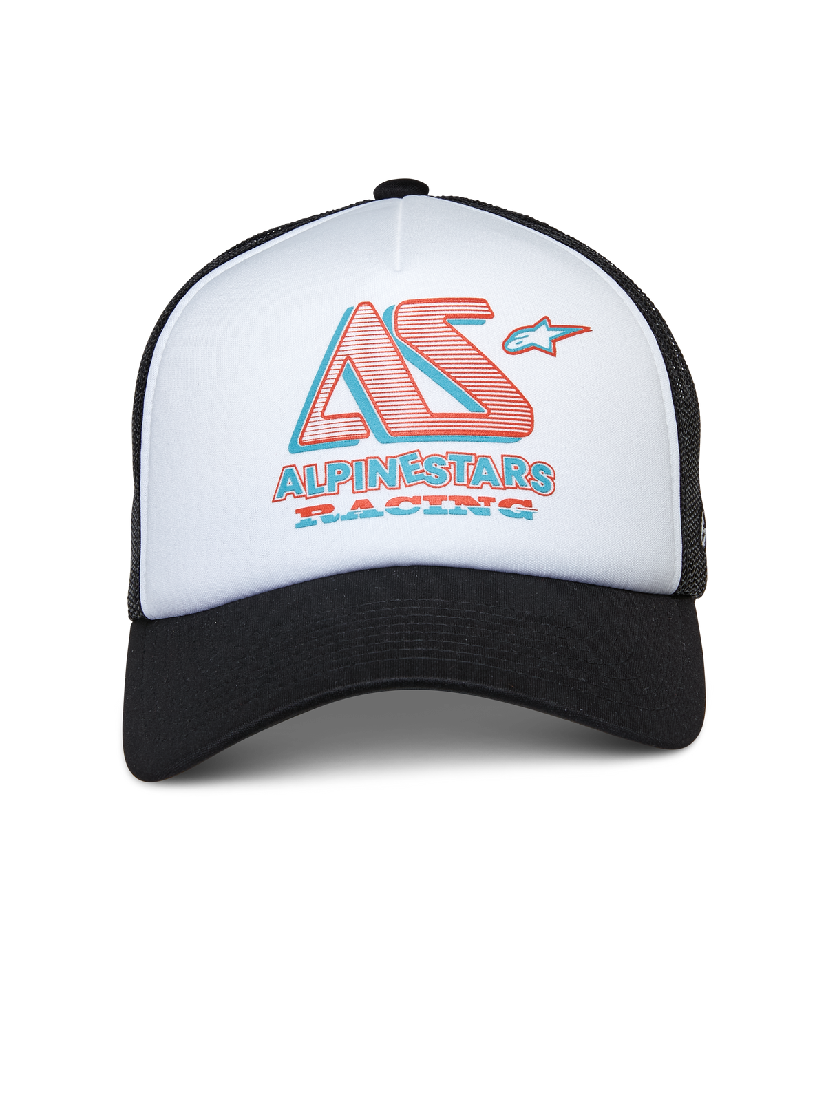 Alpinestars Ayess Trucker Hat, hvid og sort trucker-kasket, hvidt skumfrontpanel med sort buet skygge og mesh-bagside, styliseret AS- og Alpinestars Racing-logo i rød og blå, afslappet motorsport-inspireret streetwear