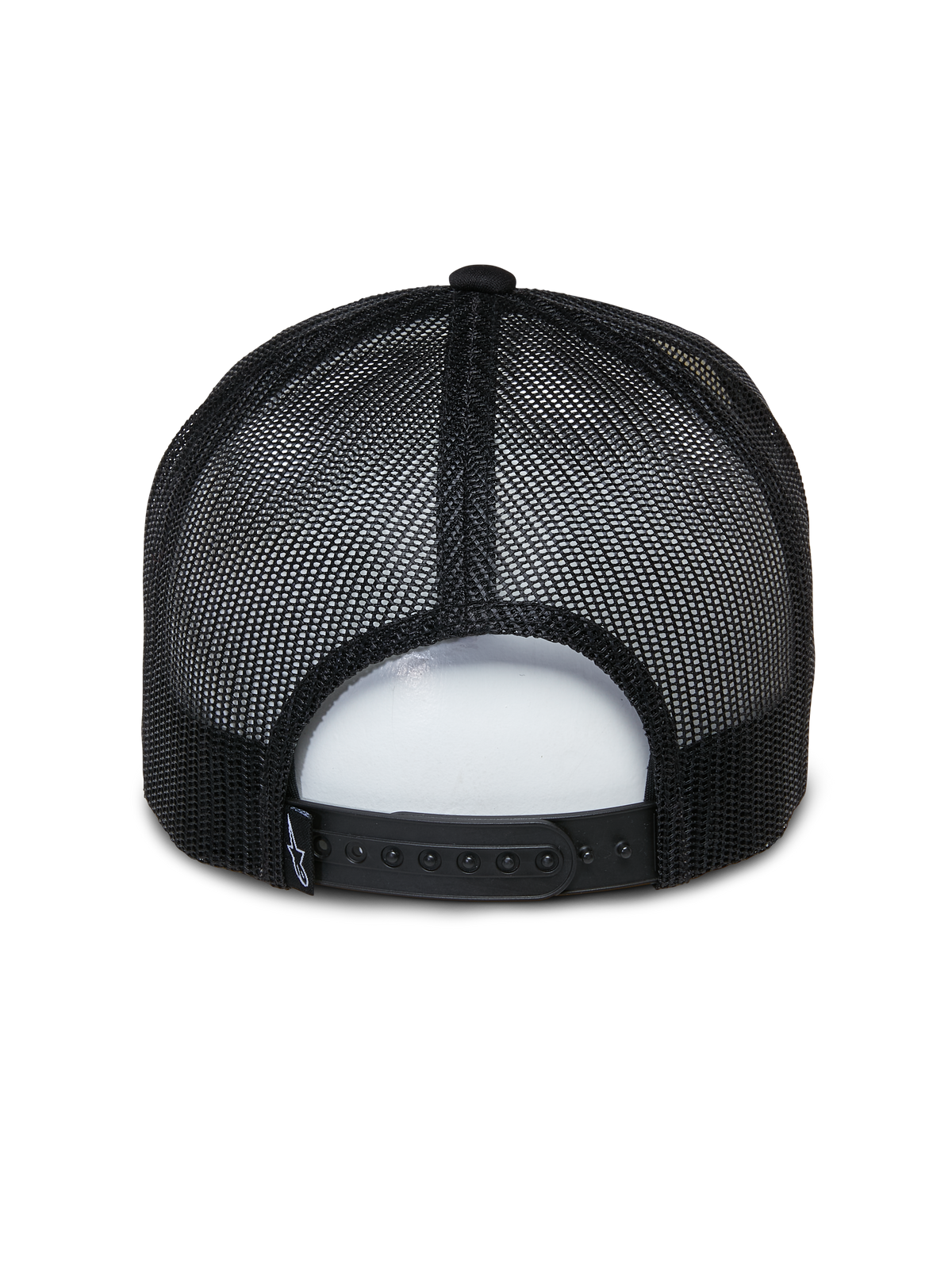 Alpinestars Ayess Trucker Hat, casual sportswear-kasket, hvid og sort, set bagfra med sorte åndbare mesh-paneler og justerbar snapback-lukning, klassisk trucker-design med skumkrone