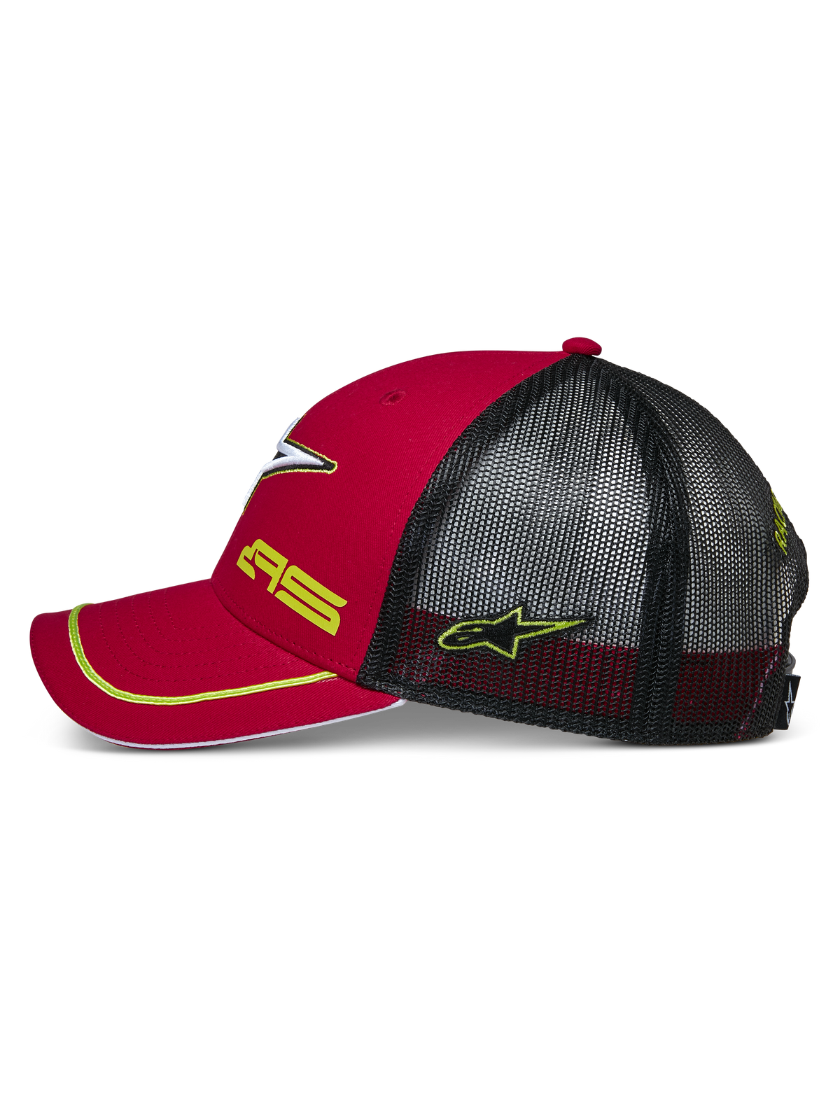 Alpinestars Exceed Trucker Hat, Red and Black side view, curved bill with yellow piping, black mesh back panels, yellow AS and star logo embroidery, casual motorsport-inspired headwear