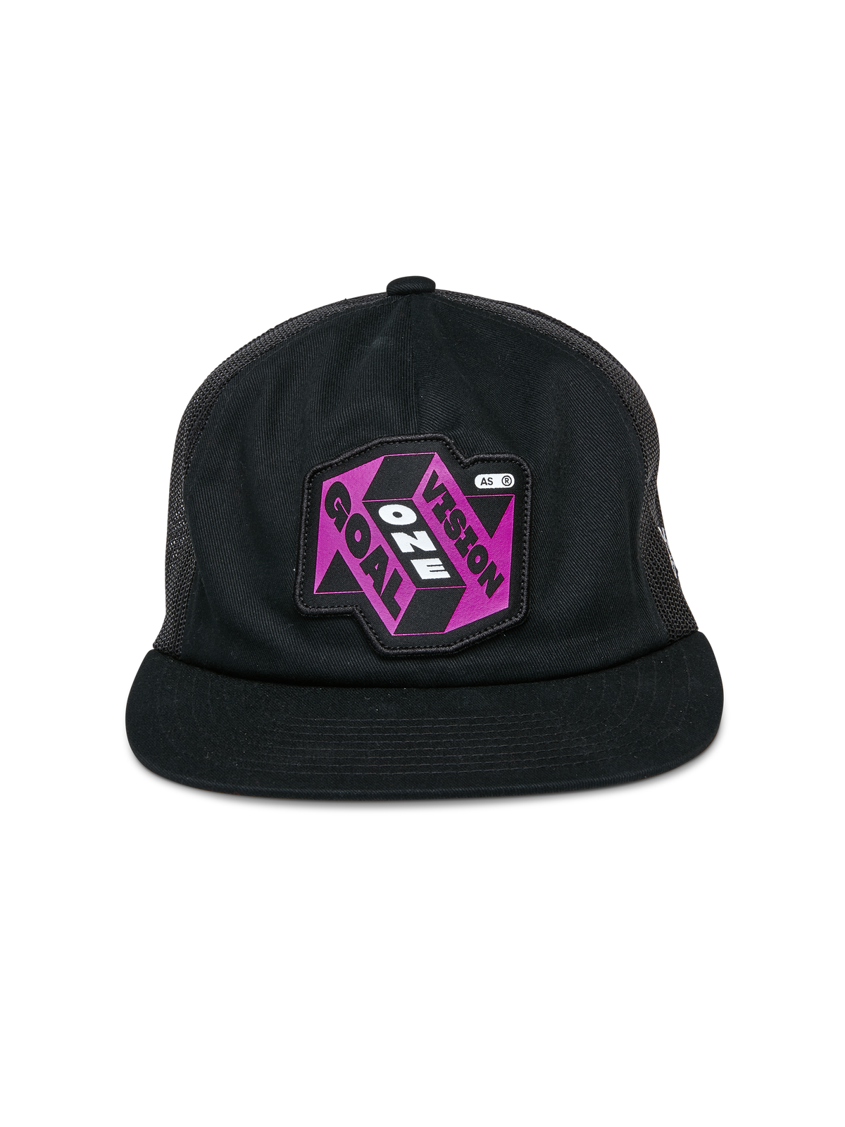 Alpinestars That Way Trucker Hat, sort trucker-kasket, lilla og sort grafisk mærke med "One Vision One Goal" tekst, flad skygge, struktureret krone, mesh-paneler bagpå, afslappet motorsportsinspireret hovedbeklædning