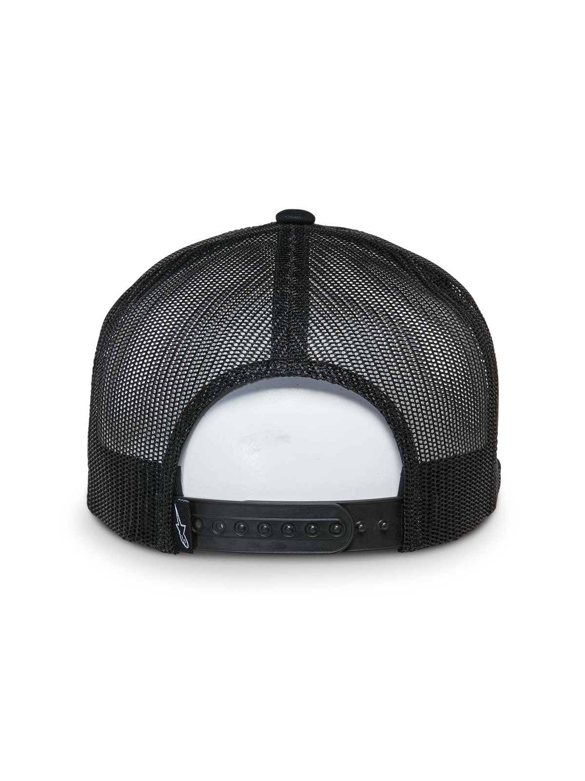 Alpinestars That Way Trucker Hat, set bagfra, sort, mesh-paneler bagpå med justerbar snapback-lukning, lille vævet logomærke, afslappet motorsport-inspireret hovedbeklædning