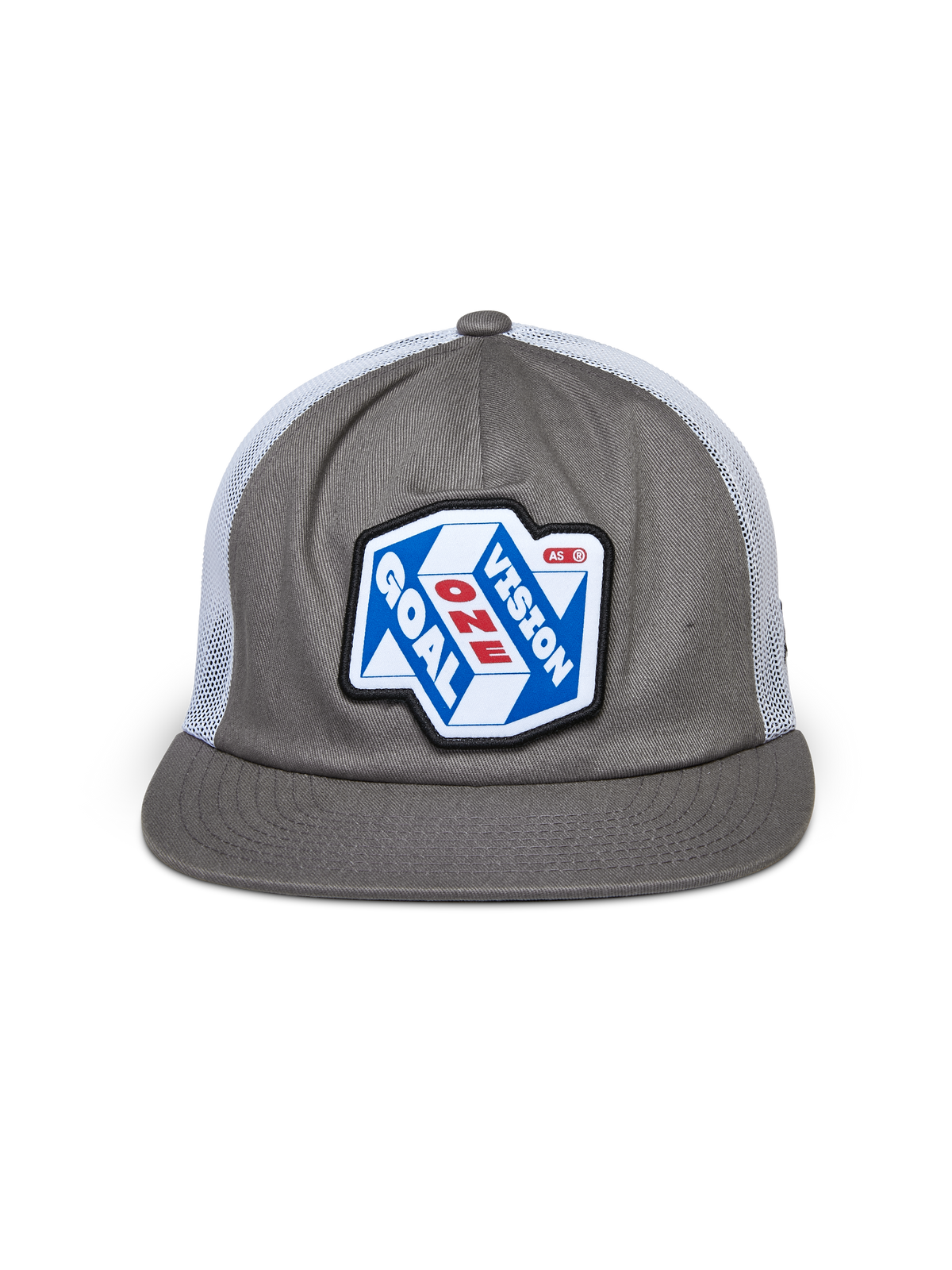 Alpinestars That Way Trucker Hat, grå og hvid, struktureret krone med flad skygge og hvid mesh-bagside, med et stort mærke på fronten med 'One Goal One Vision'-grafik, afslappet motorsport streetwear