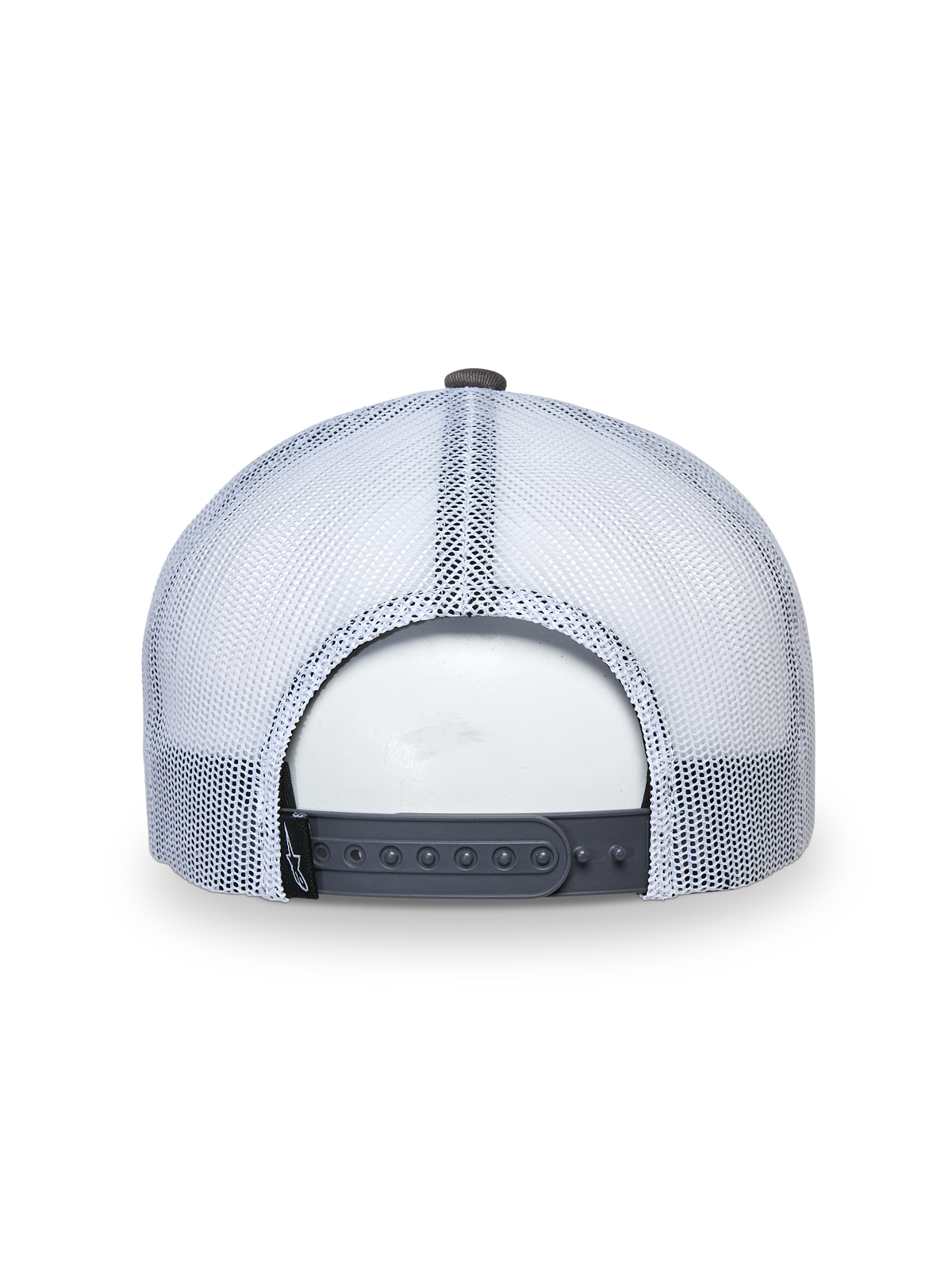 Alpinestars That Way Trucker Hat, trucker kasket, grå og hvid, set bagfra med hvide mesh-paneler og grå snapback-lukning, justerbar pasform, afslappet sportswear-hovedbeklædning