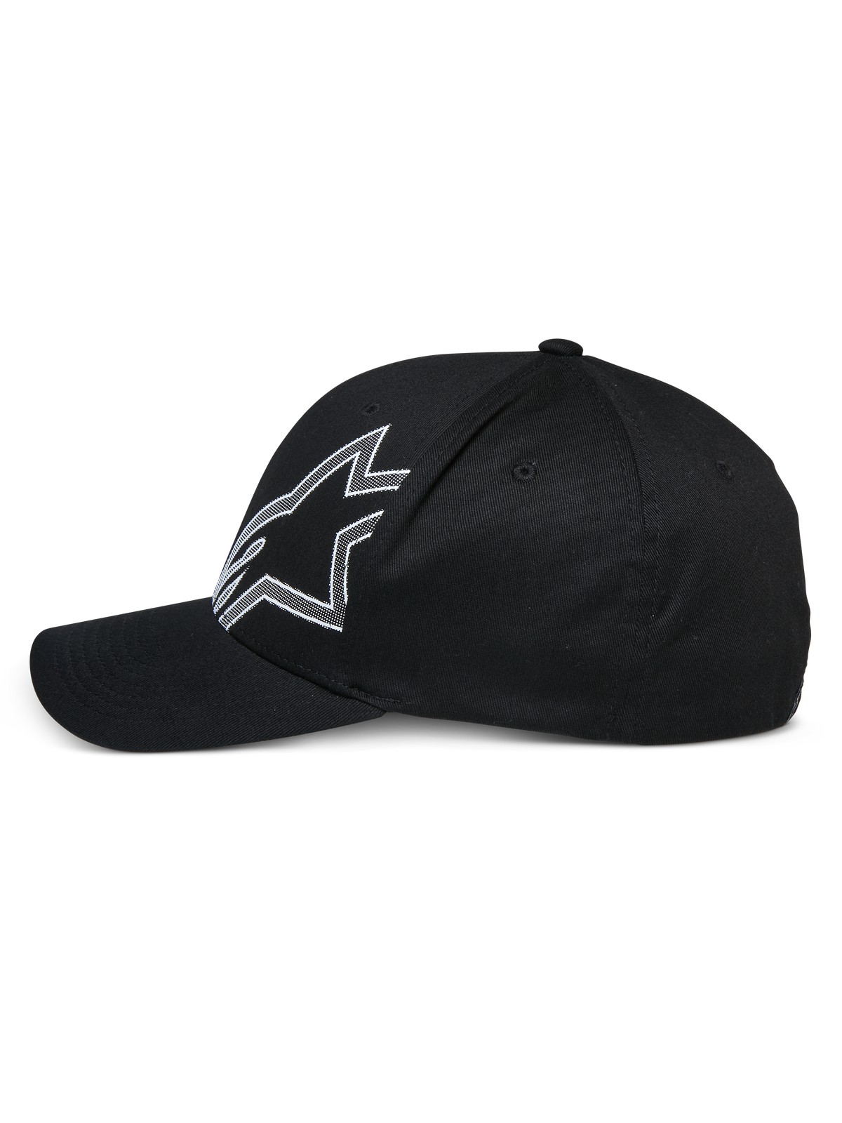 Alpinestars Share Kasket, sort baseballkasket, profilvisning fra siden, med et stort hvidt omridset Astars-logo, buet skygge, struktureret krone, afslappet motorsport-inspireret hovedbeklædning
