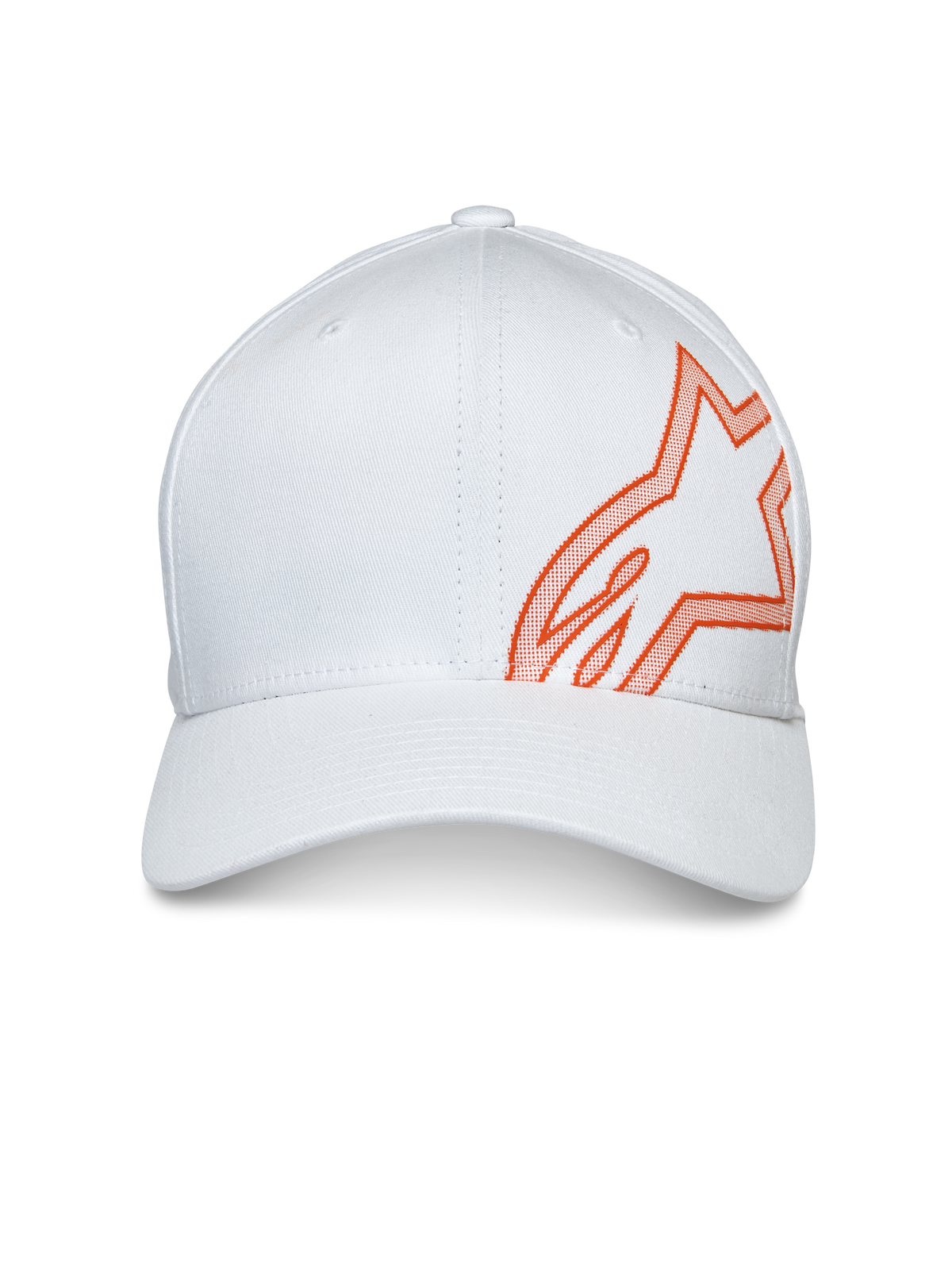 Alpinestars Share Hat, baseballkasket, hvid, med et stort orange HD puff print Astars-logo på siden, buet skygge med struktureret krone, casual motorsport-hovedbeklædning