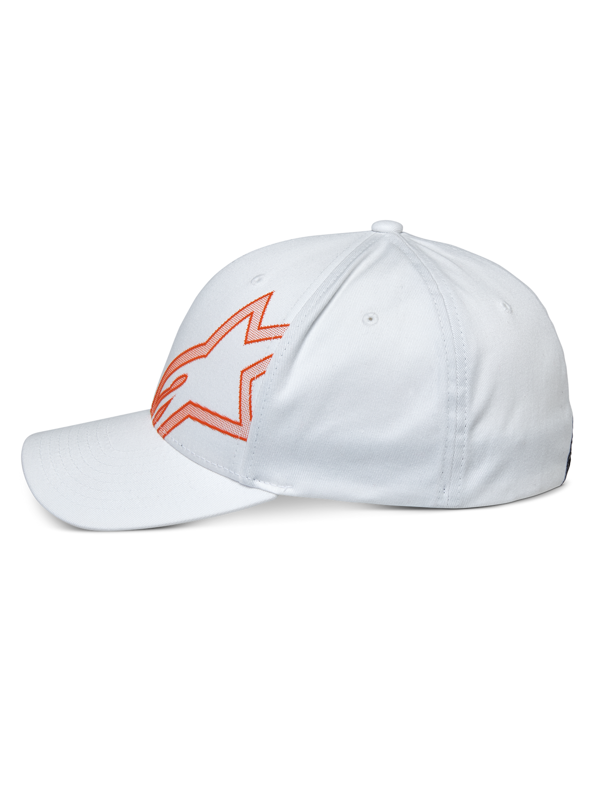 Alpinestars Share Hat, hvid kasket, sideprofil med orange kontureret Astars-logo, buet skygge og struktureret krone, motorsportsinspireret streetwear