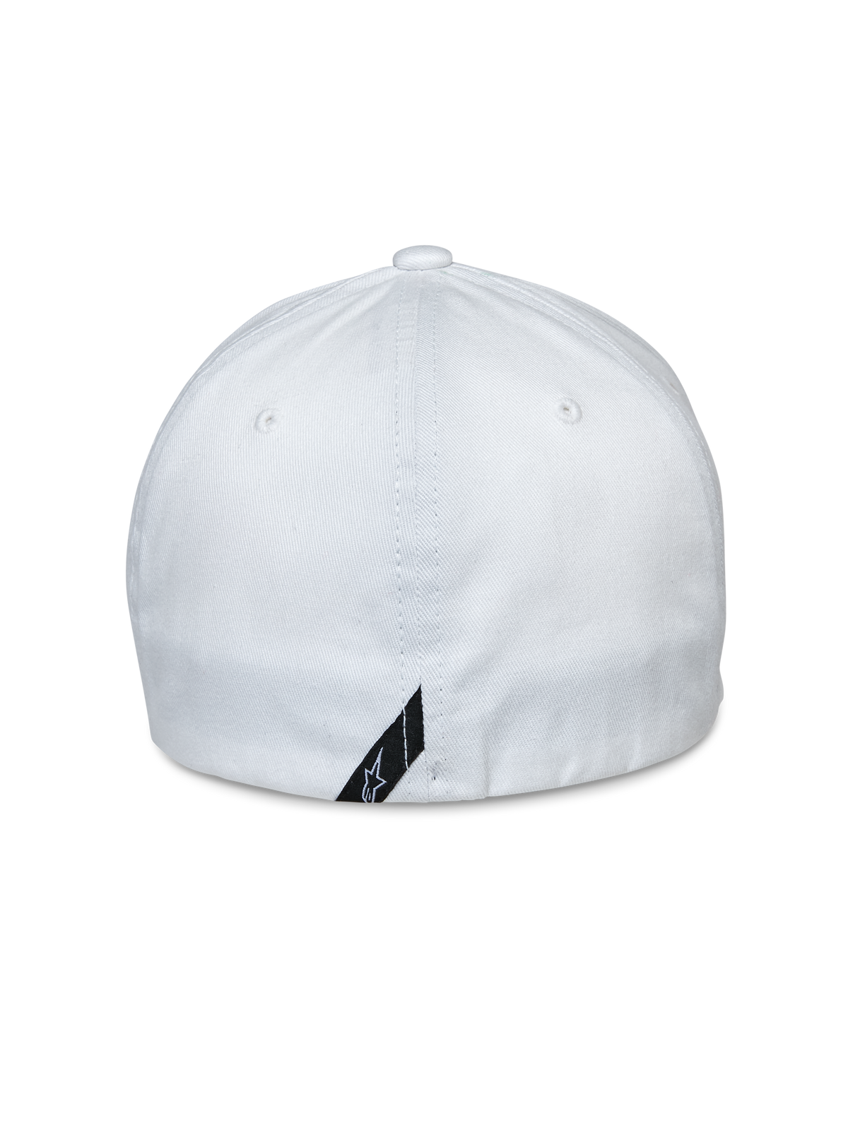 Alpinestars Share Hat, set bagfra, hvid flex back baseball-kasket, stræk twill-stof, med et lille sort logo-mærke i den nederste kant, afslappet sportswear-tilbehør