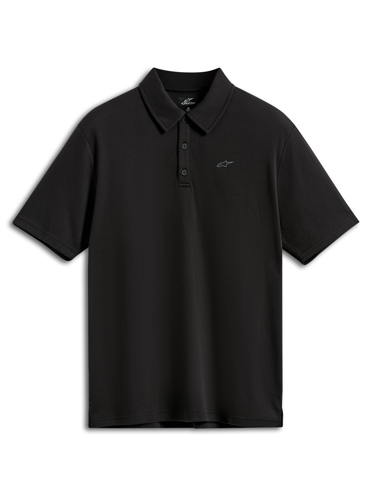 Alpinestars Impetus Sport Polo, kortærmet poloshirt, sort, med et lille gråt Astars-logo på brystet, stolpelukning med tre knapper og selvkrave, afslappet sportstøj
