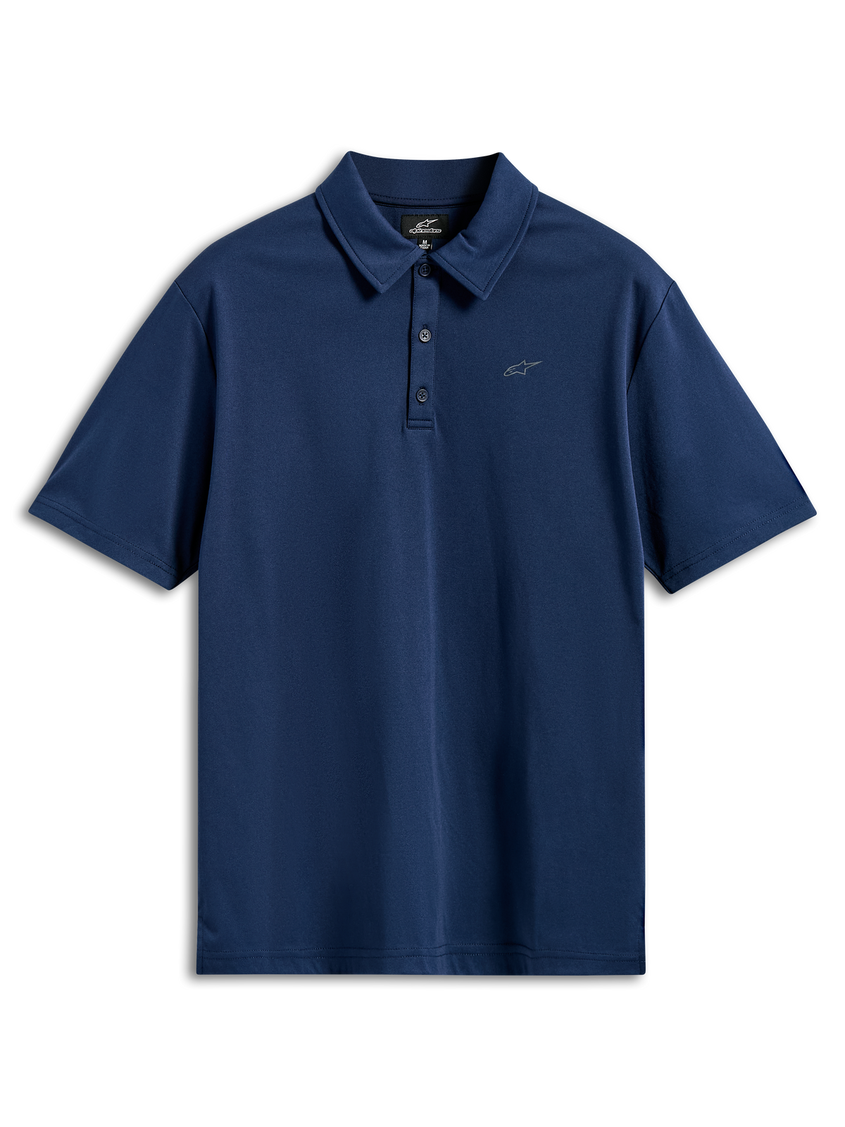 Alpinestars Impetus Sport Polo, kortærmet poloshirt, navyblå, mock mesh-stof med tre knapper og lille gråt Astars-logo på brystet, afslappet motorsport-sportstøj