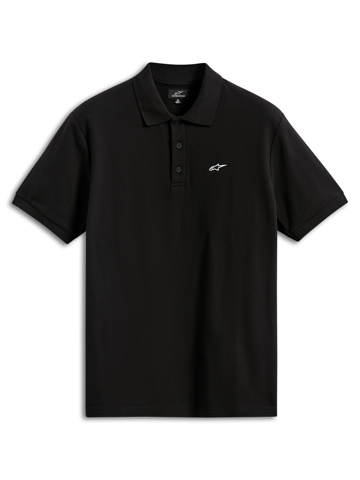 Alpinestars Endeavor Classic Polo, kortærmet piqué-poloshirt, sort, med et lille hvidt Astars-logo på brystet, tre-knaps stolpelukning og ribstrikket krave og ærmekanter, afslappet sportstøj