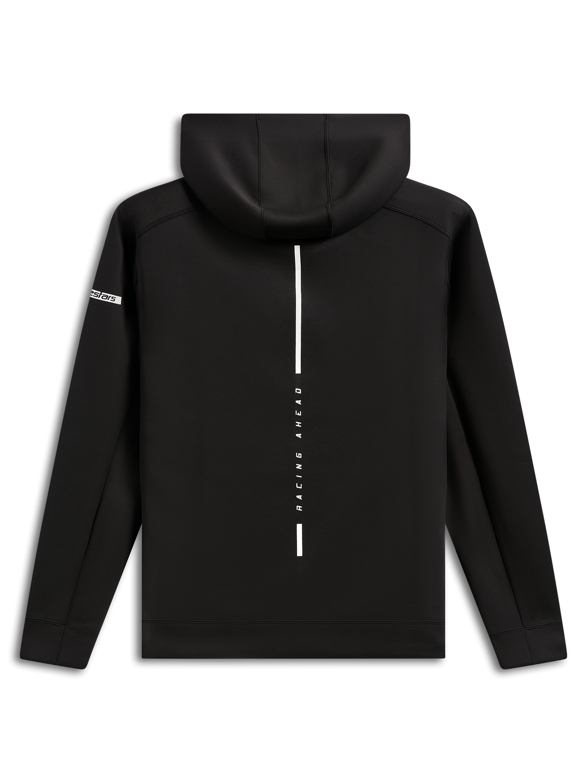 Alpinestars Insight Hoodie, set bagfra, sort pullover-hættetrøje i fleece, lodret hvid stribe med 'RACING AHEAD'-tekst, Alpinestars word-logo på ærmet, afslappet motorsport-inspireret streetwear