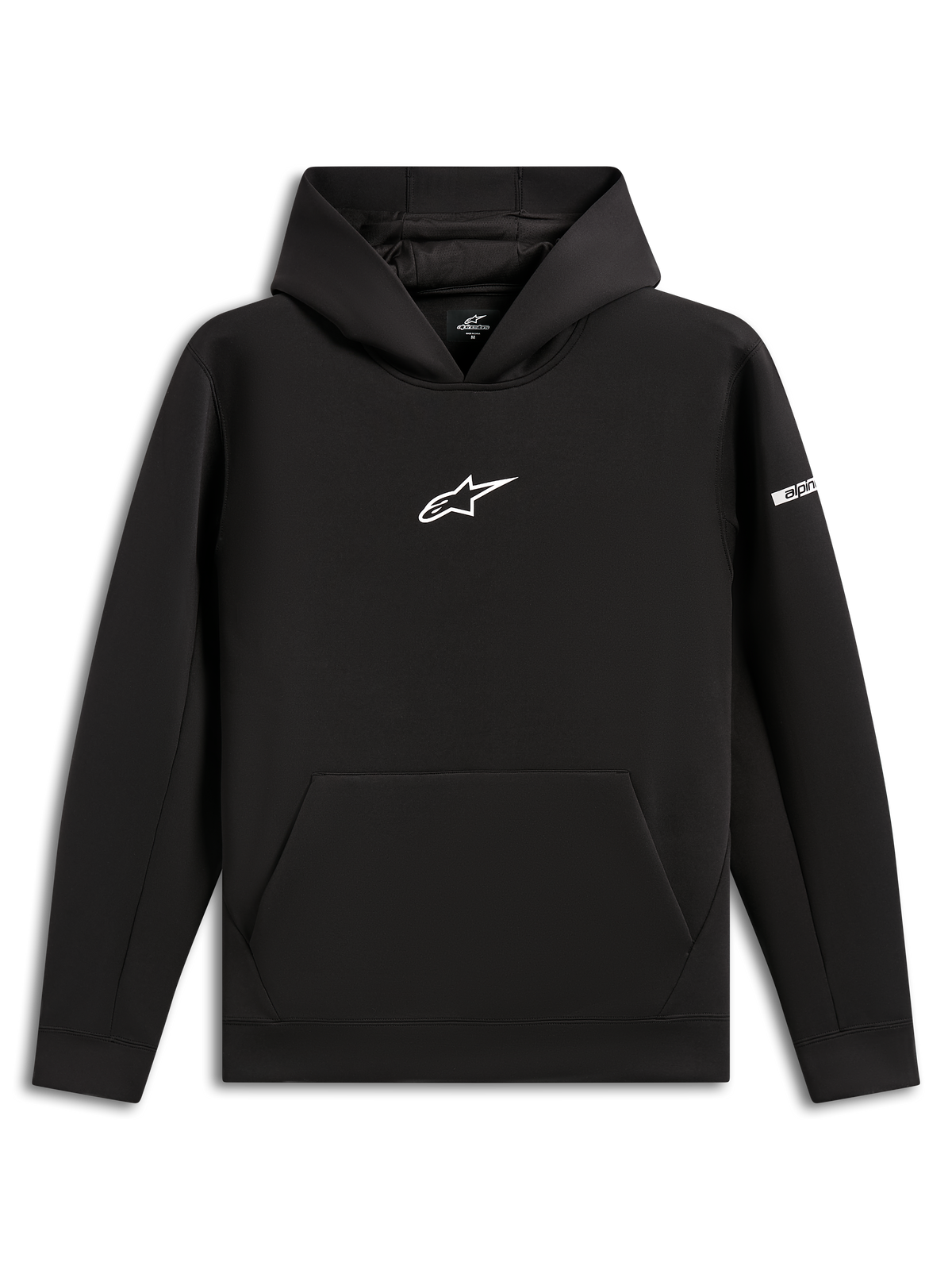 Alpinestars Insight Hoodie, sort pullover-hættetrøje, hvidt Astars-logo på brystet, kængurulomme, mesh-foret hætte, afslappet motorsport-inspireret streetwear