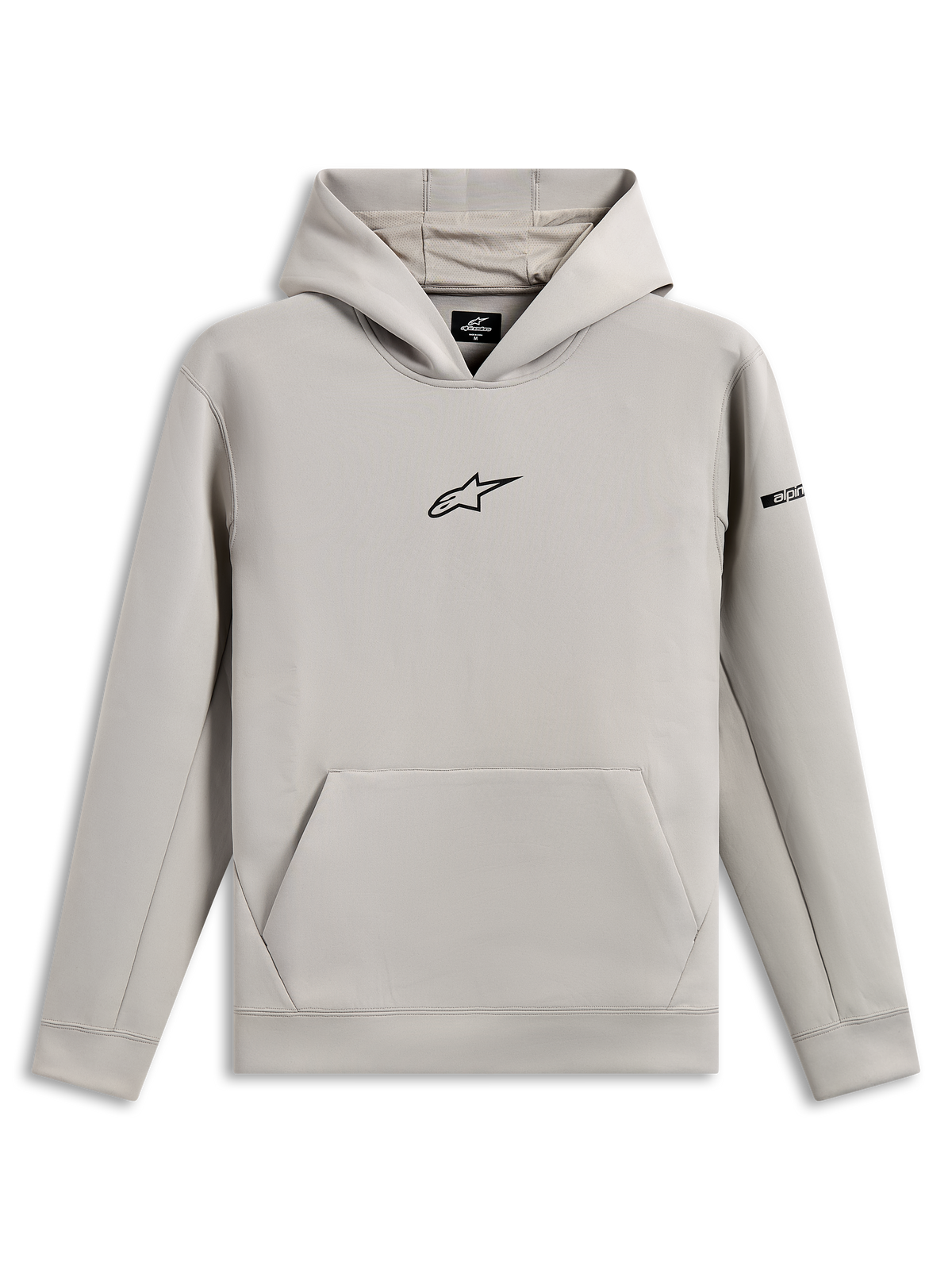 Alpinestars Insight hættetrøje, afslappet sportstøj, cementgrå med sort Astars-logo på brystet, kængurulomme, mesh-foret hætte, lange ærmer, moderne motorsport-inspireret design