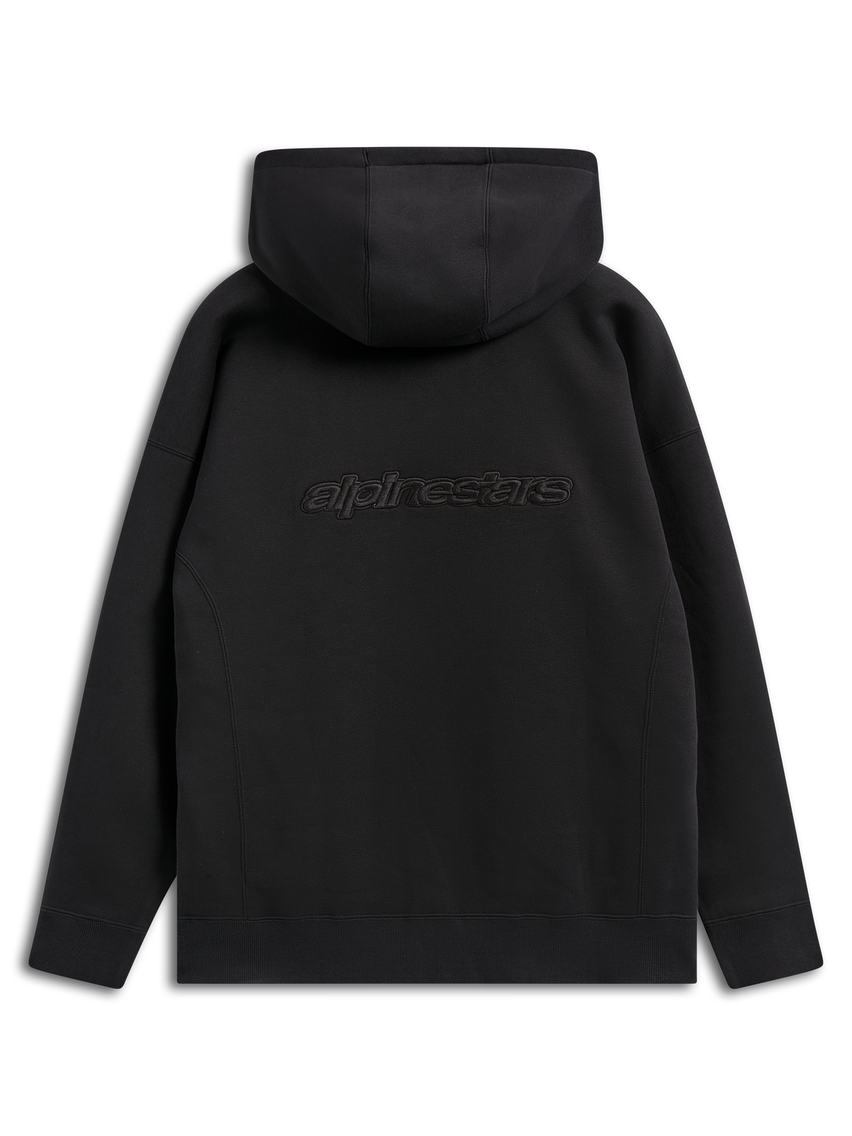 Alpinestars Emergent Oversized Hoodie, black casual streetwear, back view showing embroidered Alpinestars word logo, oversized fit with hooded design and ribbed hem