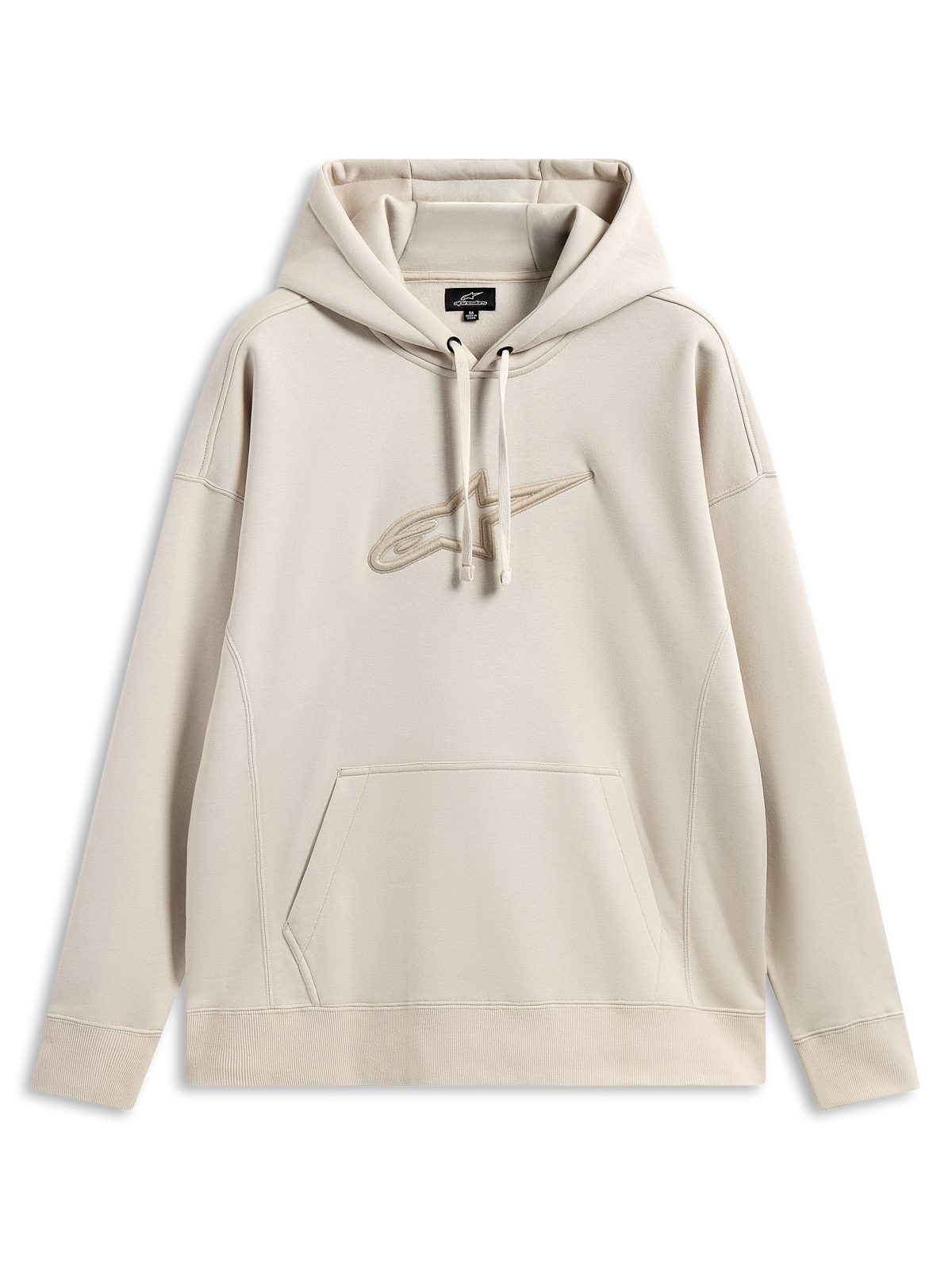Alpinestars Emergent Oversized hættetrøje, afslappet motorsport streetwear, sandfarvet med tone-i-tone 3D-broderet Astars-logo, hætte med snøre, kængurulomme, afslappet oversized pasform