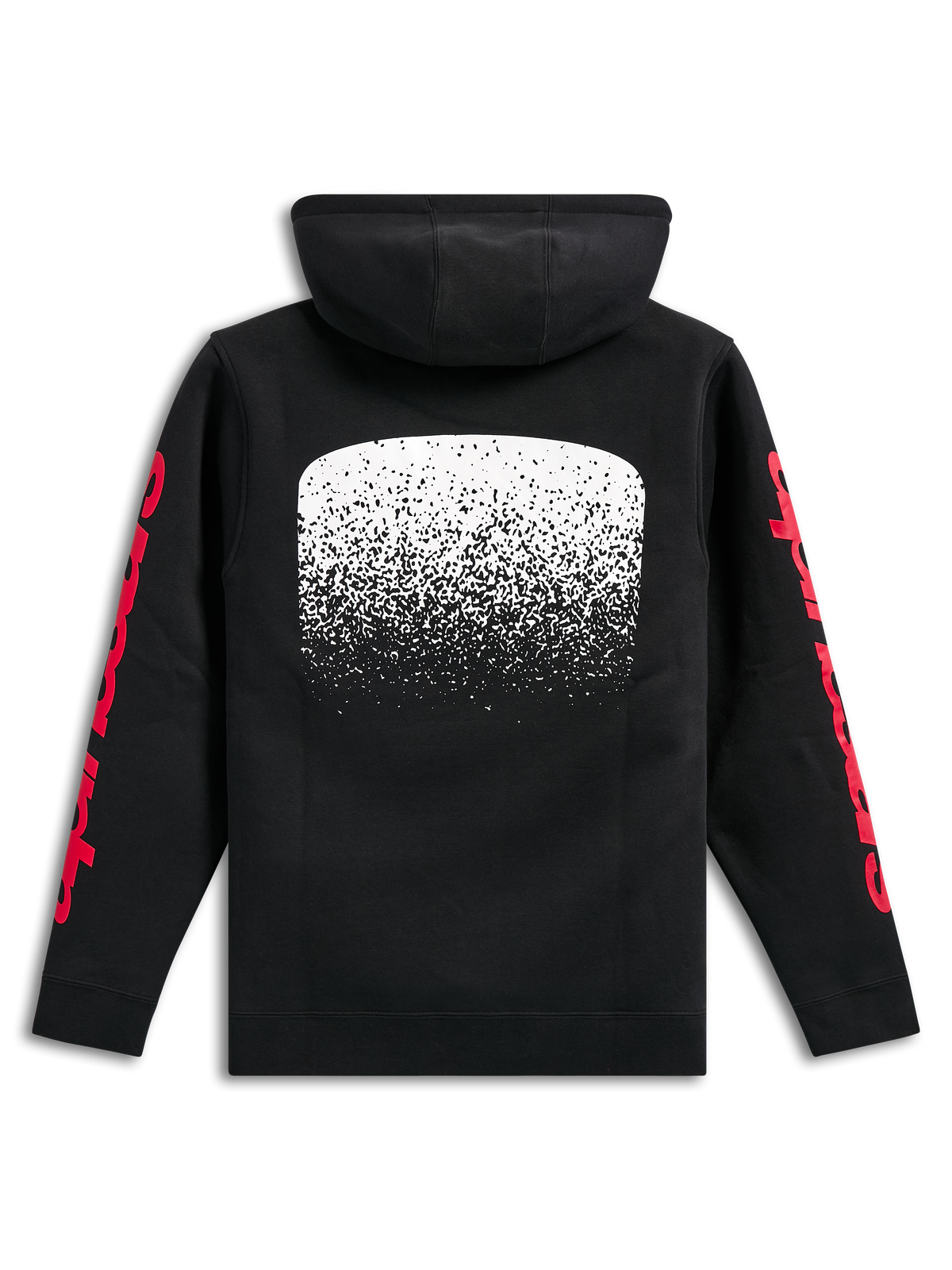 Alpinestars Obsessed hættetrøje, sort pullover fleece-hættetrøje, set bagfra, stor hvid MX-gradueringsgrafik på ryggen, røde Alpinestars-tekstlogoer på ærmerne, afslappet motorsport-inspireret streetwear