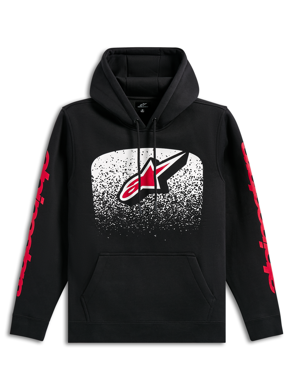 Alpinestars Obsessed hættetrøje, sort pullover-hættetrøje, stort Astars-logo på fronten med hvid og rød MX-graduering, røde Alpinestars-logotekster på ærmerne, hætte med snøre og kængurulomme, afslappet motorsport-inspireret streetwear