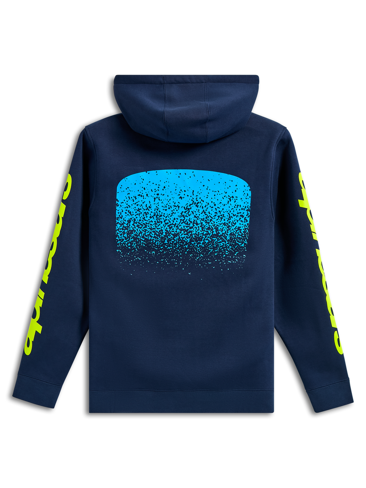 Alpinestars Obsessed Hoodie, set bagfra, marineblå, lyseblå MX-gradueringsgrafik på ryggen, gule Alpinestars-ordlogoer på ærmerne, afslappet motorsport-streetwear