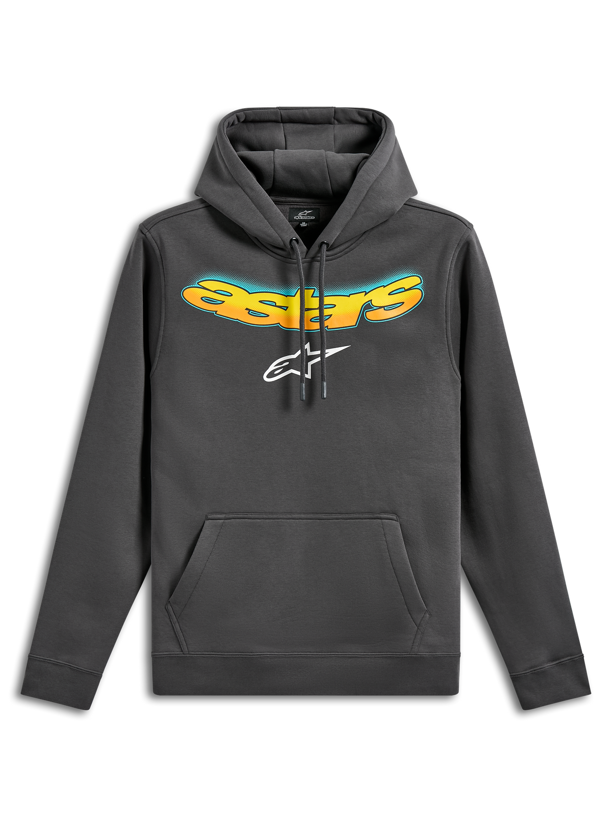 Alpinestars Ellipsoid hættetrøje, pullover fleece-hættetrøje, gunmetal grå, med et buet Astars-tekstlogo med gul og orange farveovergang og hvidt Astars-logo, kængurulomme på fronten, afslappet motorsport-inspireret streetwear