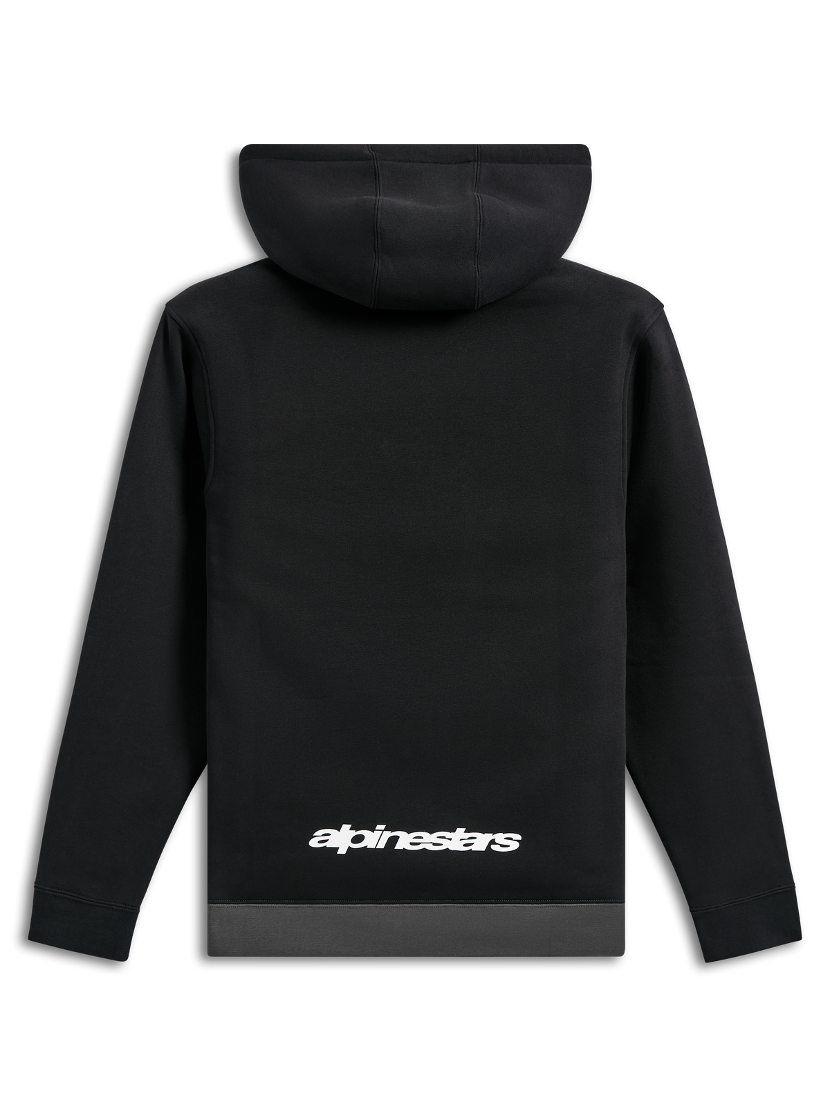 Alpinestars Parallel hættetrøje, set bagfra, sort med en gunmetal grå kant, hvidt Alpinestars tekstlogo på den nederste del af ryggen, afslappet motorsport-inspireret streetwear, lange ærmer med ribmanchetter