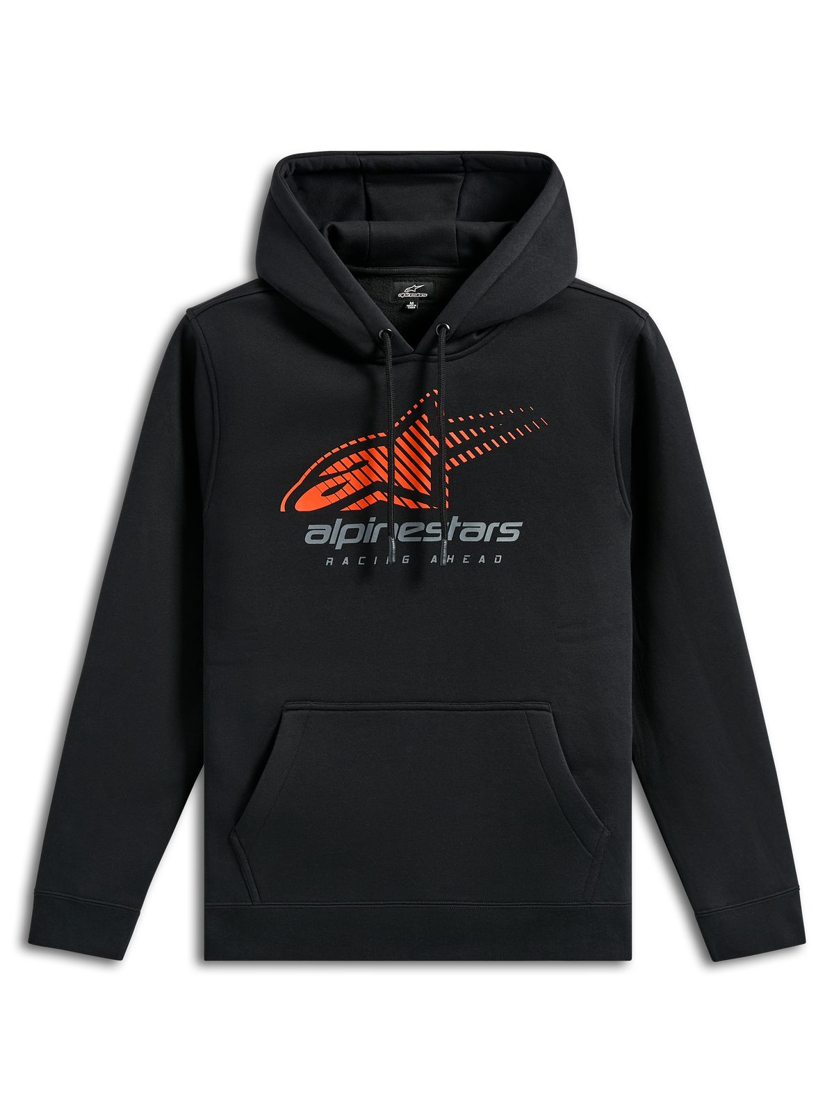 Alpinestars Pulse Hættetrøje, sort casual sportstøj, med orange Astars-logo med speed line fade på brystet, gråt alpinestars-branding, kængurulomme og hætte med snøre