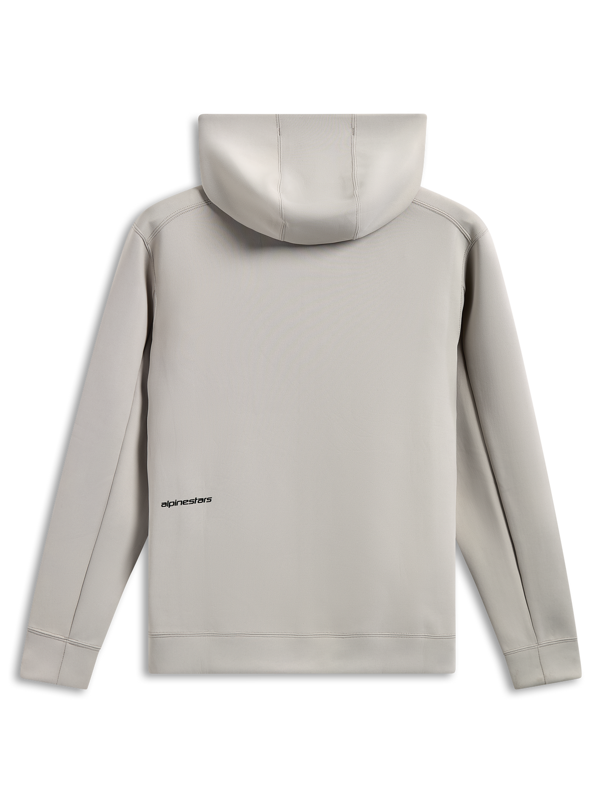 Alpinestars Cypher Hoodie, set bagfra, cementgrå, tri-blend dobbeltsidet fleece, lille sort tekstlogo på lænden, mesh-foret hætte, afslappet motorsport-inspireret streetwear