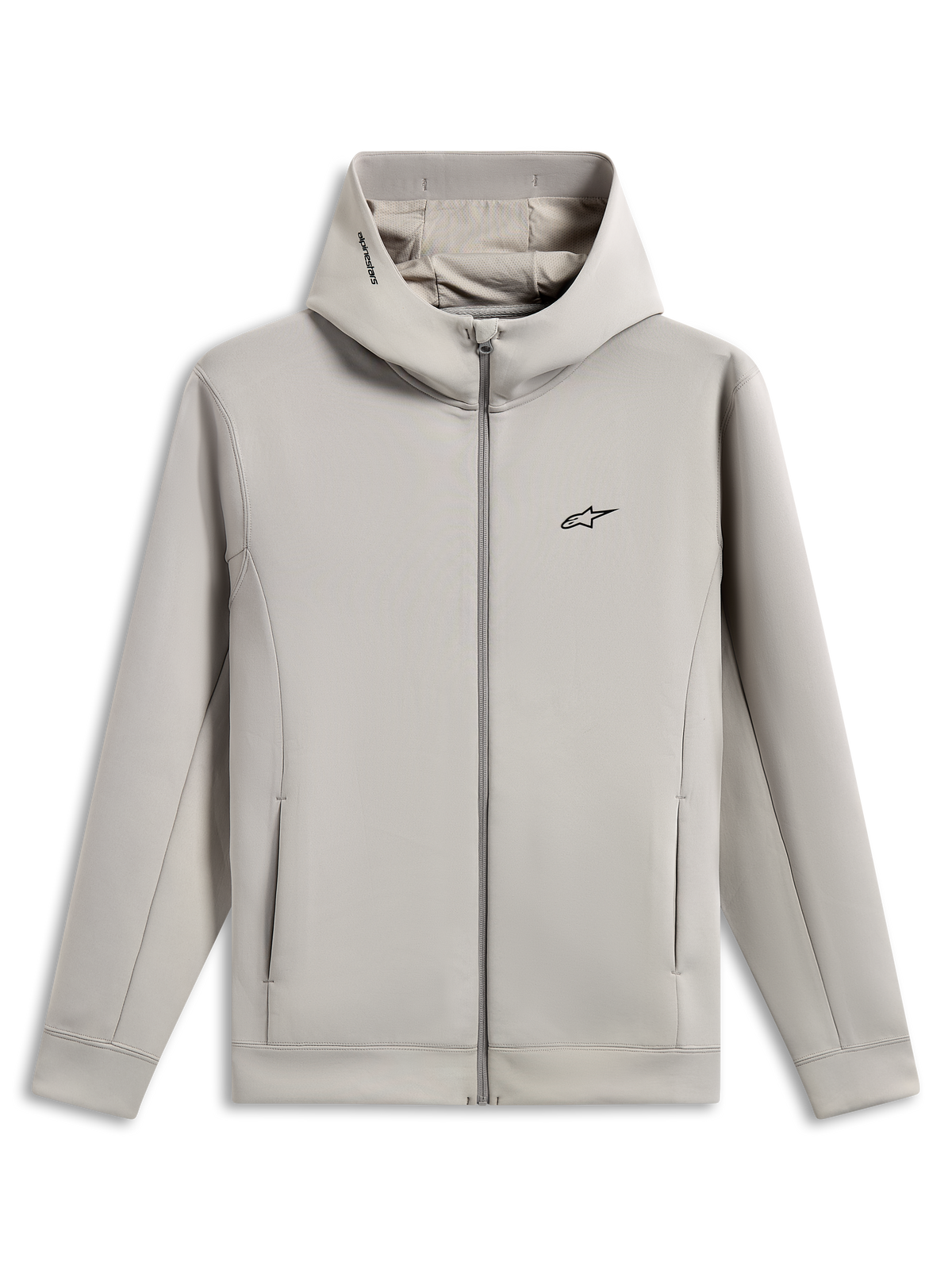 Alpinestars Cypher hættetrøje, hættetrøje med gennemgående lynlås i dobbeltsidet fleece, cementgrå, med sort Astars-logo på brystet, højhalset mesh-foret hætte med Alpinestars ordlogo, lommer i sømmene, afslappet sportswear-design