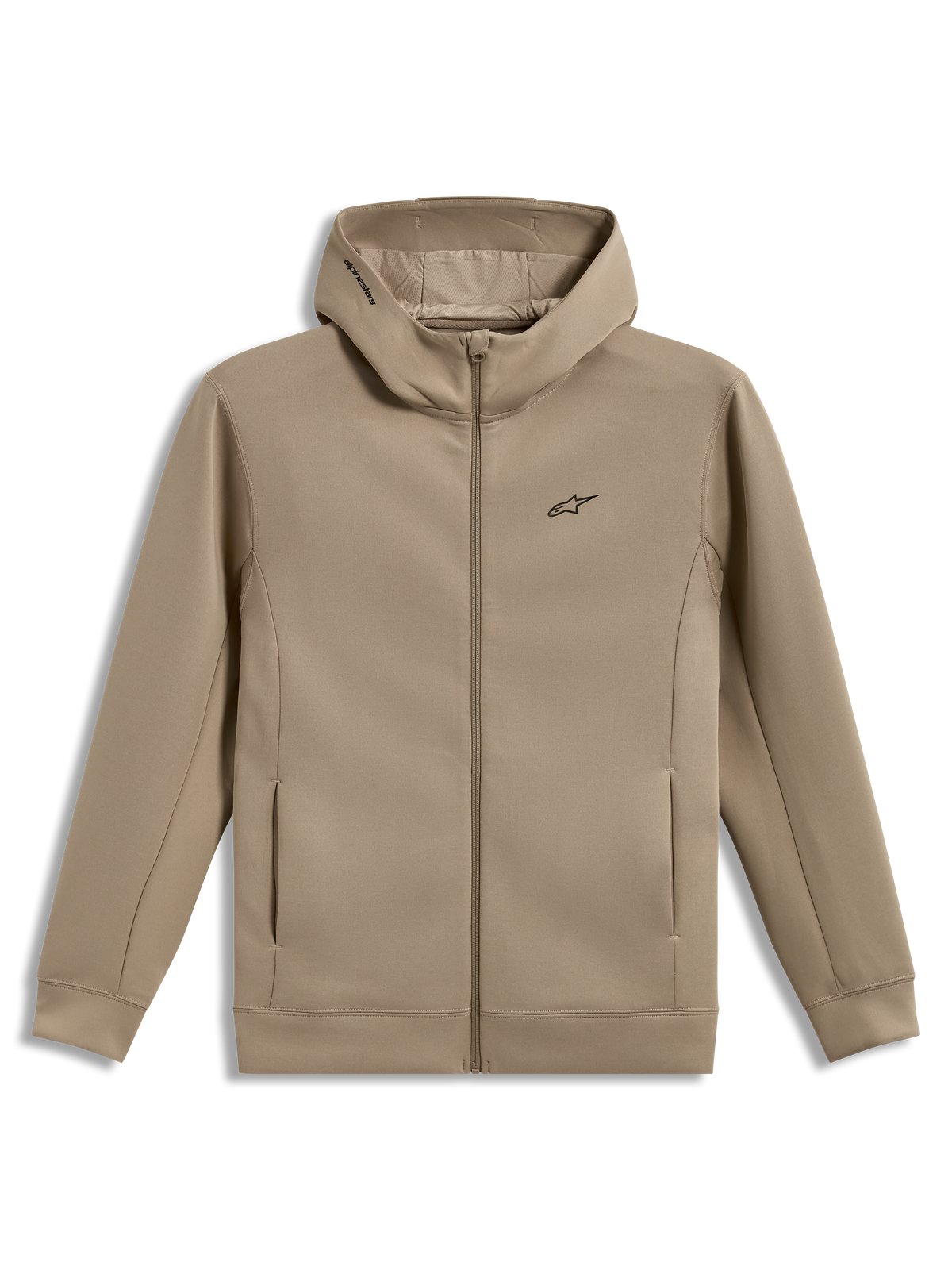Alpinestars Cypher Hoodie, beige hættetrøje med lynlås, højhalset hætte, mesh-foring og Astars-logo, motorsport-streetwear