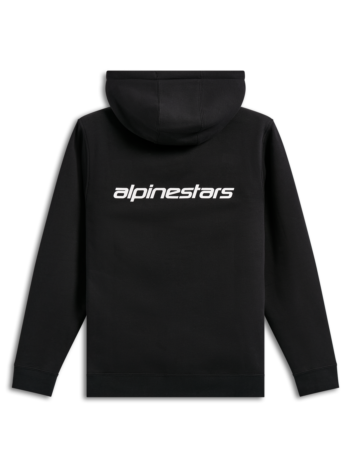 Alpinestars Transverse hættetrøje, casual streetwear, sort med hvidt Alpinestars-tekstlogo på ryggen, fleece med hætte, ribkanter ved håndled og forneden, moderne motorsport-inspireret design