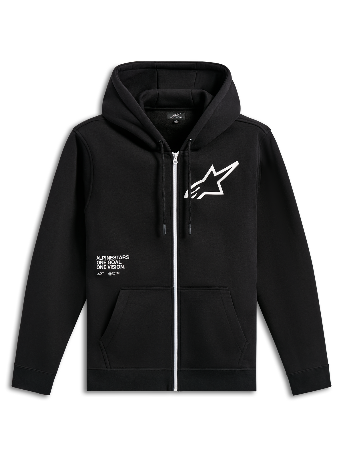 Alpinestars Transverse Hoodie, sort fleece-hættetrøje med lynlås foran, hvid lynlås, stort hvidt Astars-logo på brystet, 'One Goal, One Vision'-grafik, hætte med snøre og ribkanter, casual motorsport-streetwear