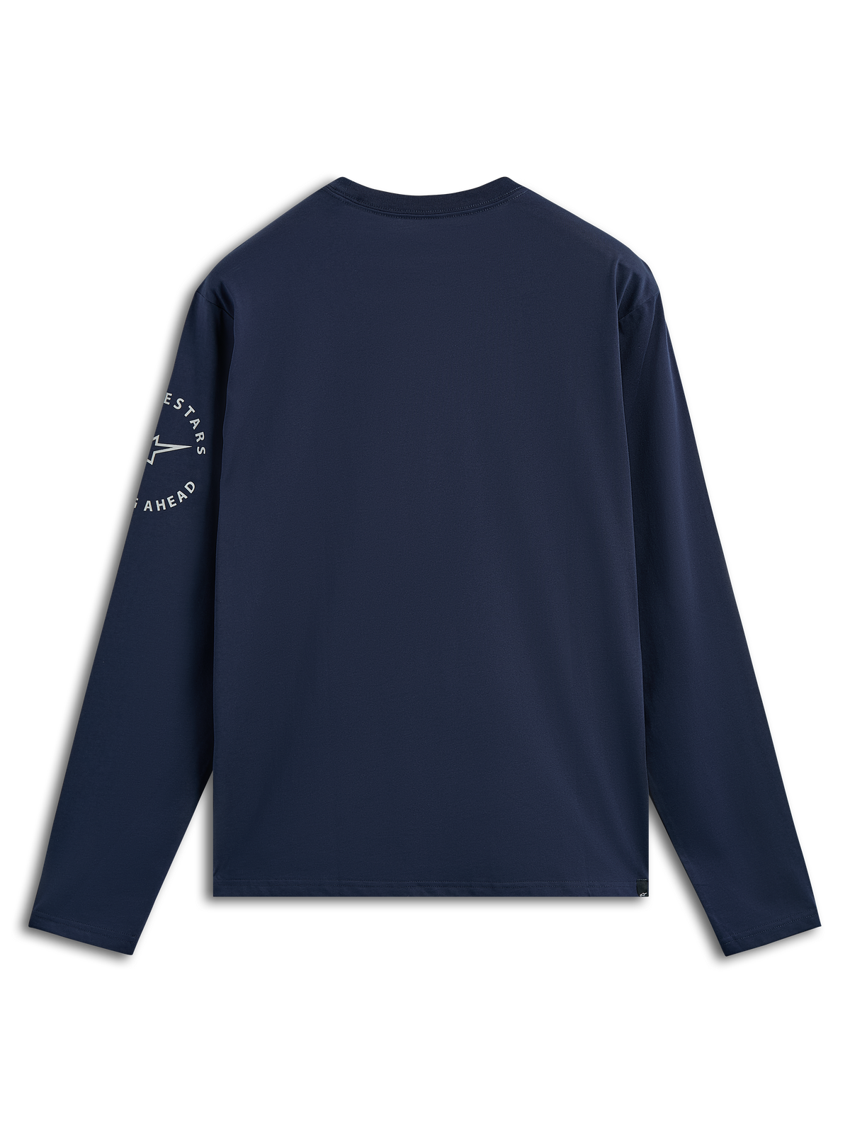 Alpinestars Mandatory CSF Tee, langærmet t-shirt, navyblå, set bagfra med hvidt cirkulært Astars-logo på venstre ærme, afslappet motorsport-inspireret streetwear
