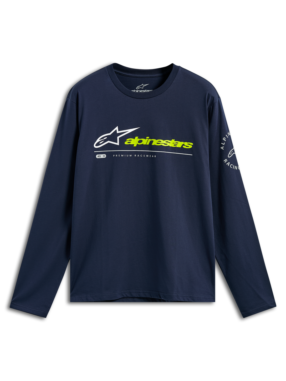 Alpinestars Mandatory CSF Tee, langærmet t-shirt, marineblå, hvidt Astars-logo og neongul Alpinestars-tekst på fronten, cirkulært logo på ærmet, casual motorsportstøj