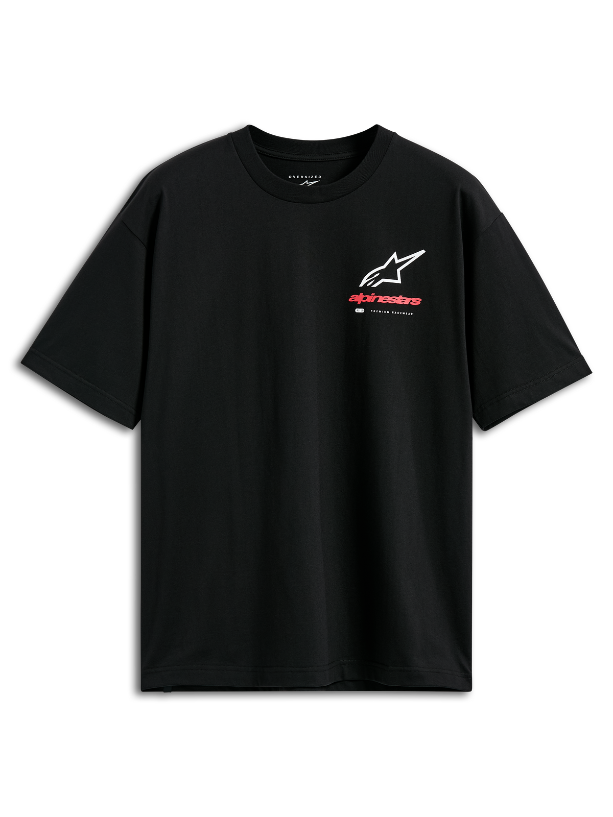 Alpinestars Overhang Oversized CSF T-shirt, kortærmet T-shirt, sort, Astars-logokombination på forsiden i hvid og rød med 'Premium Racewear'-branding, oversized pasform, casual motorsport-streetwear