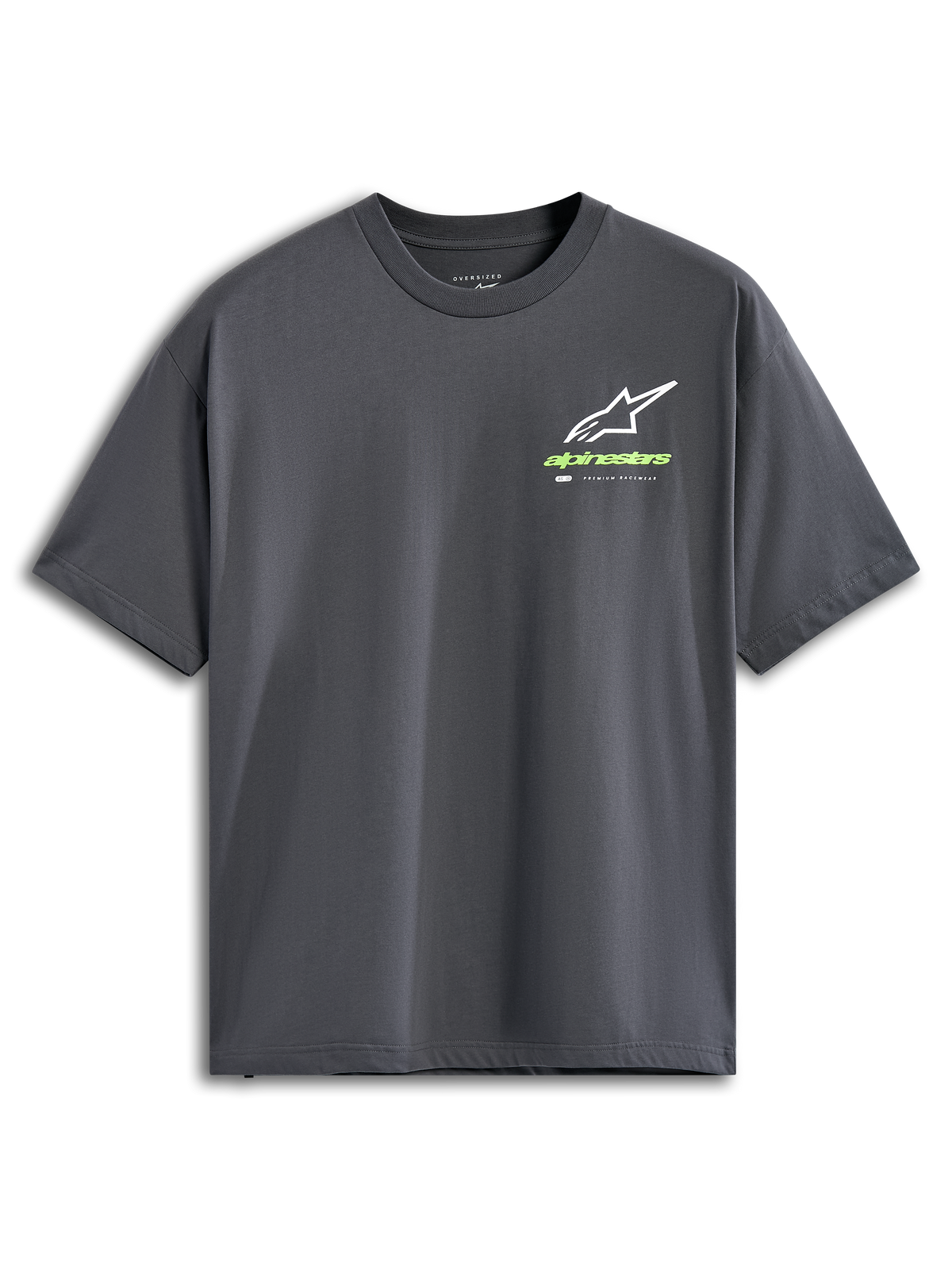 Alpinestars Overhang Oversized CSF Tee, kortærmet t-shirt, koksgrå, hvidt Astars-logo med limegrønt wordmark, casual motorsport-streetwear