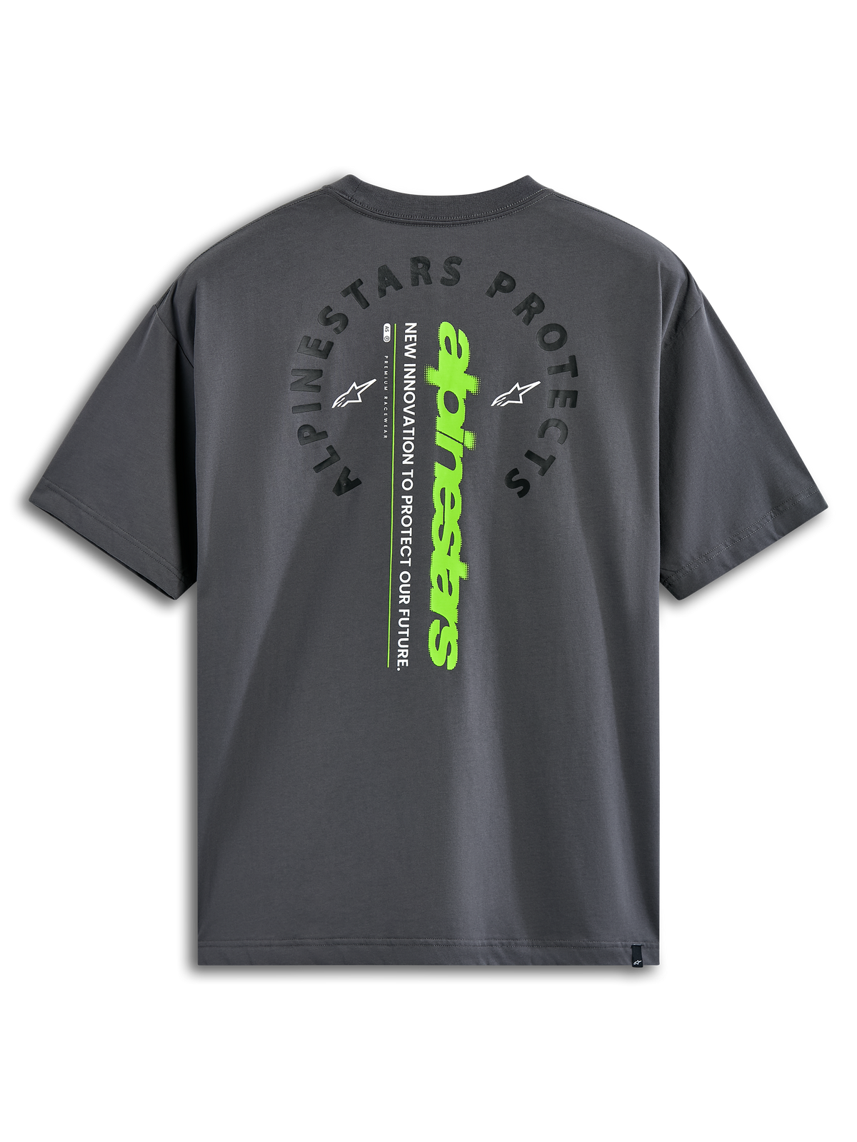 Alpinestars Overhang Oversized CSF Tee, kortærmet T-shirt, koksgrå, rygvisning med buet 'Alpinestars Protects'-tekst og et lodret limegrønt ordmærke, afslappet motorsport-inspireret streetwear